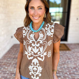 THML - Nutmeg Embroidered Flutter Sleeve Blouse-200 Fashion Blouses-THML-July & June Women's Fashion Boutique Located in San Antonio, Texas