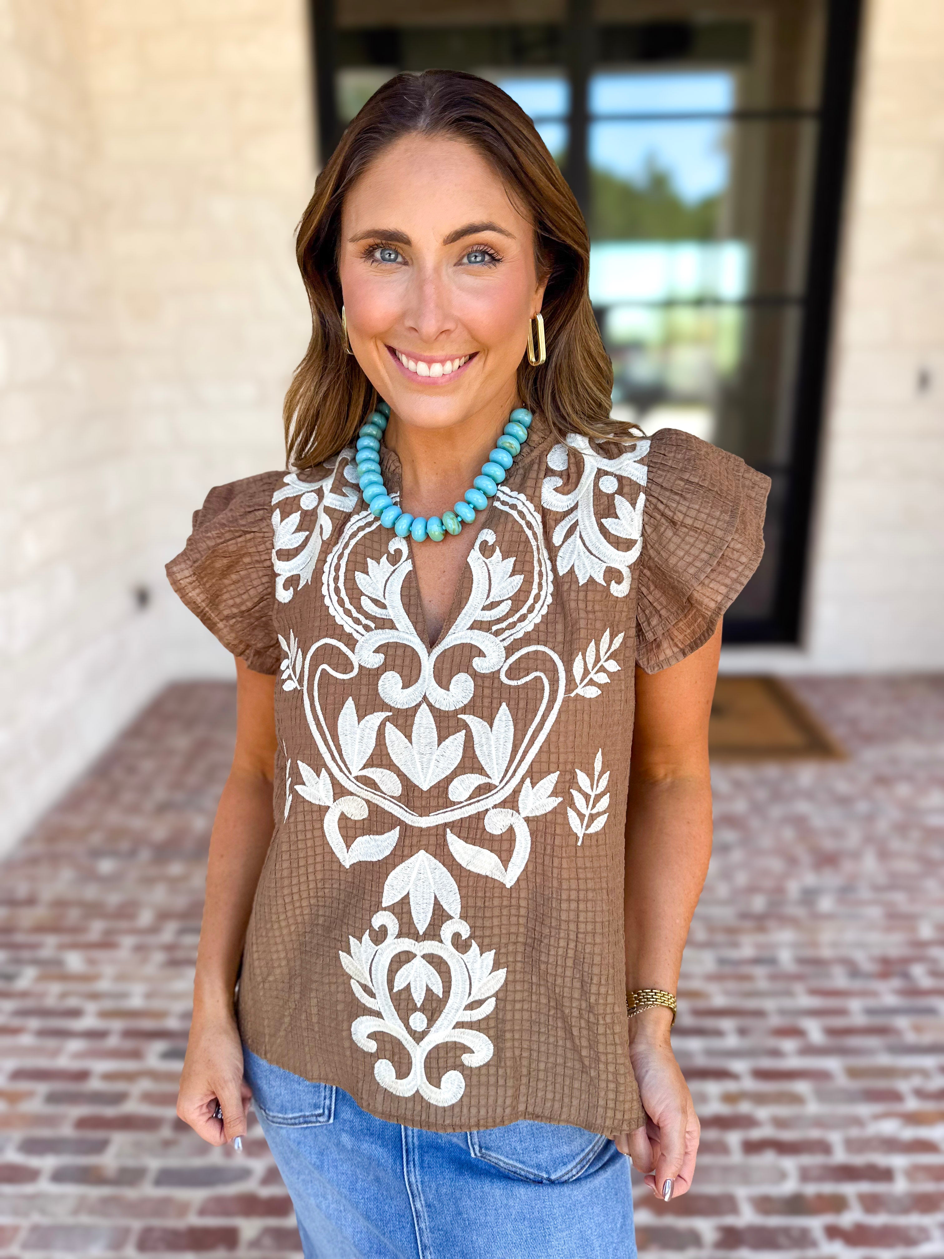 THML - Nutmeg Embroidered Flutter Sleeve Blouse-200 Fashion Blouses-THML-July & June Women's Fashion Boutique Located in San Antonio, Texas