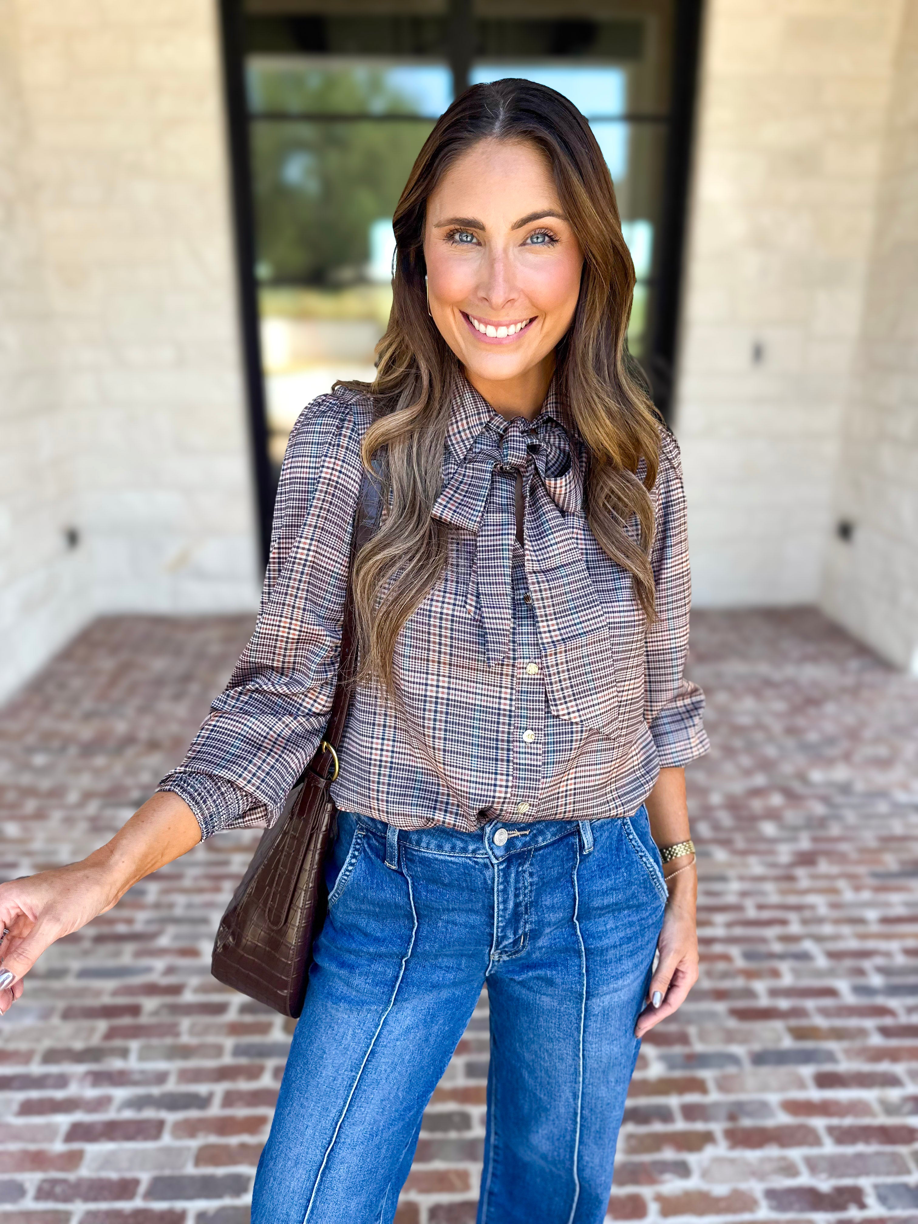 Current Air - Uptown Plaid Button Down Blouse-200 Fashion Blouses-CURRENT AIR CLOTHING-July & June Women's Fashion Boutique Located in San Antonio, Texas