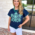 Coastal Embroidered Blouse - Navy-200 Fashion Blouses-JODIFL-July & June Women's Fashion Boutique Located in San Antonio, Texas