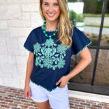 Coastal Embroidered Blouse - Navy-200 Fashion Blouses-JODIFL-July & June Women's Fashion Boutique Located in San Antonio, Texas
