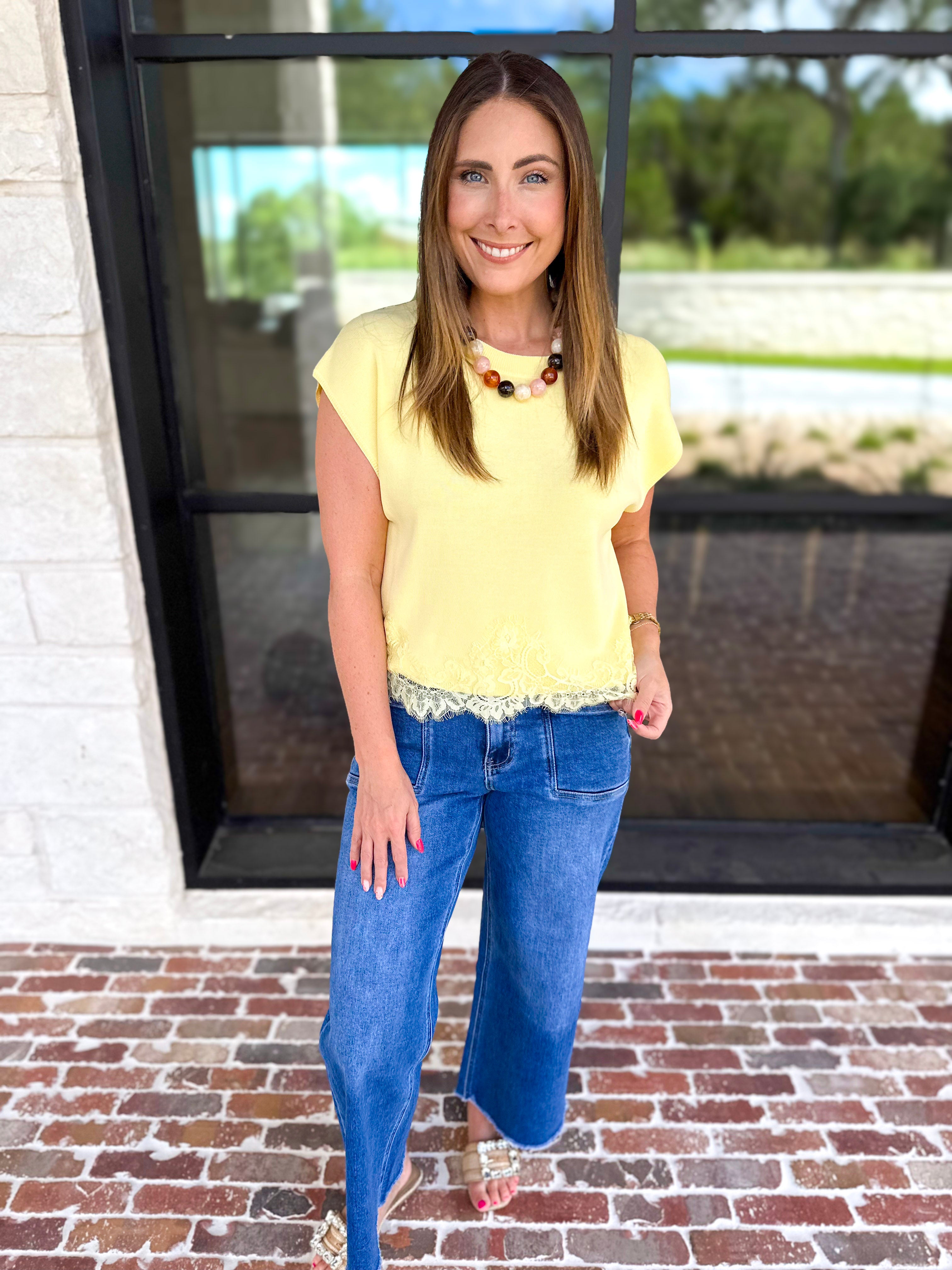 Collins Lace Trim Blouse - Lemon-200 Fashion Blouses-ENTRO-July & June Women's Fashion Boutique Located in San Antonio, Texas
