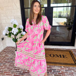Mary Square - Pink Trellis Tiles Midi Dress-500 Midi-MARY SQUARE-July & June Women's Fashion Boutique Located in San Antonio, Texas
