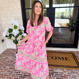 Mary Square - Pink Trellis Tiles Midi Dress-500 Midi-MARY SQUARE-July & June Women's Fashion Boutique Located in San Antonio, Texas