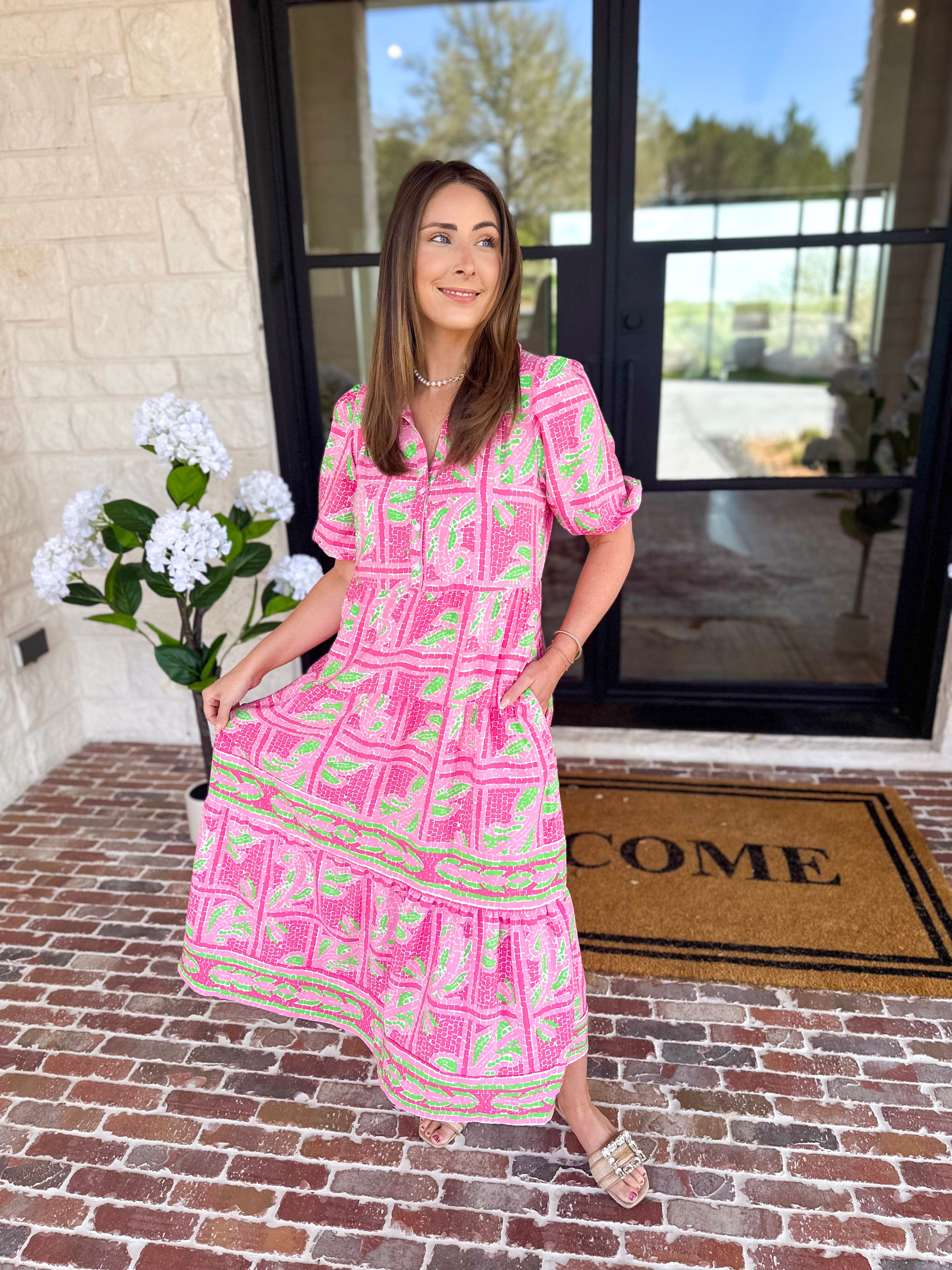 Mary Square - Pink Trellis Tiles Midi Dress-500 Midi-MARY SQUARE-July & June Women's Fashion Boutique Located in San Antonio, Texas
