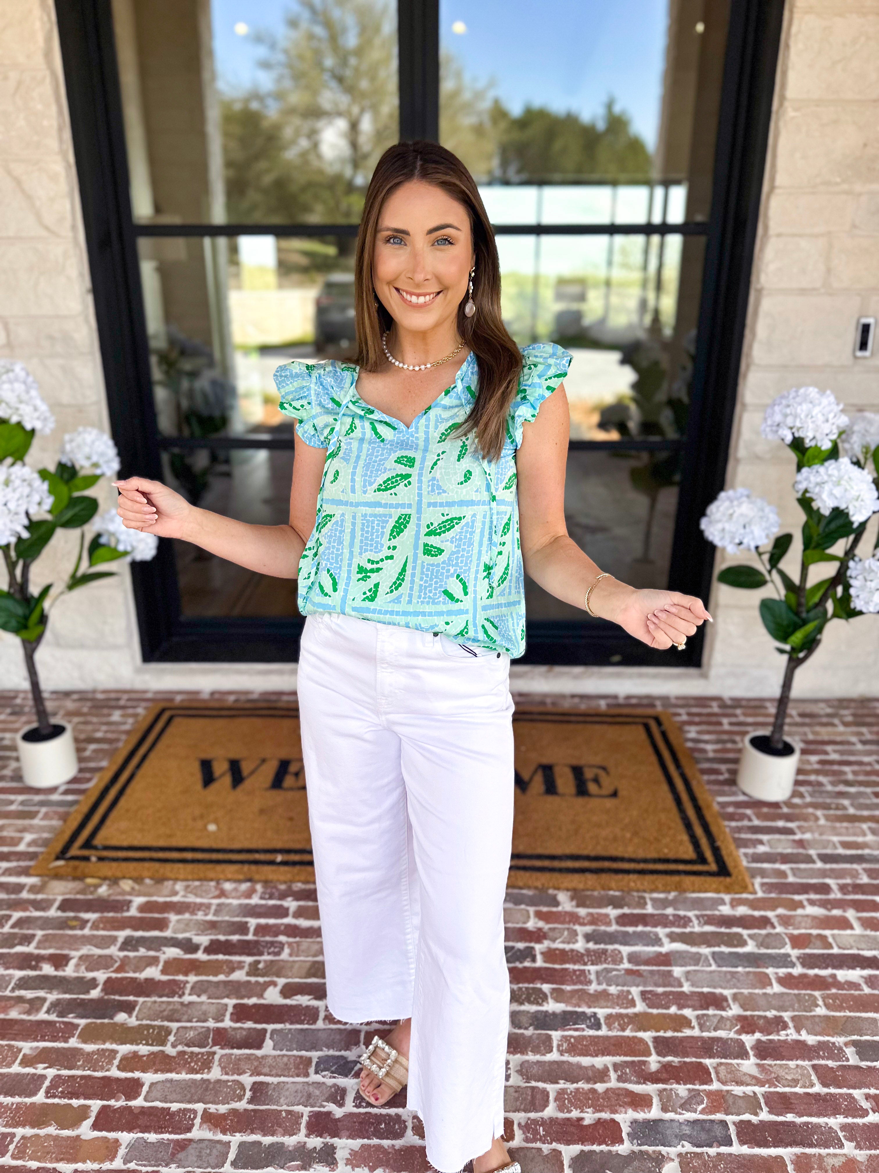 Mary Square - Lydia Trellis Tiles Blouse - Blue-200 Fashion Blouses-MARY SQUARE-July & June Women's Fashion Boutique Located in San Antonio, Texas