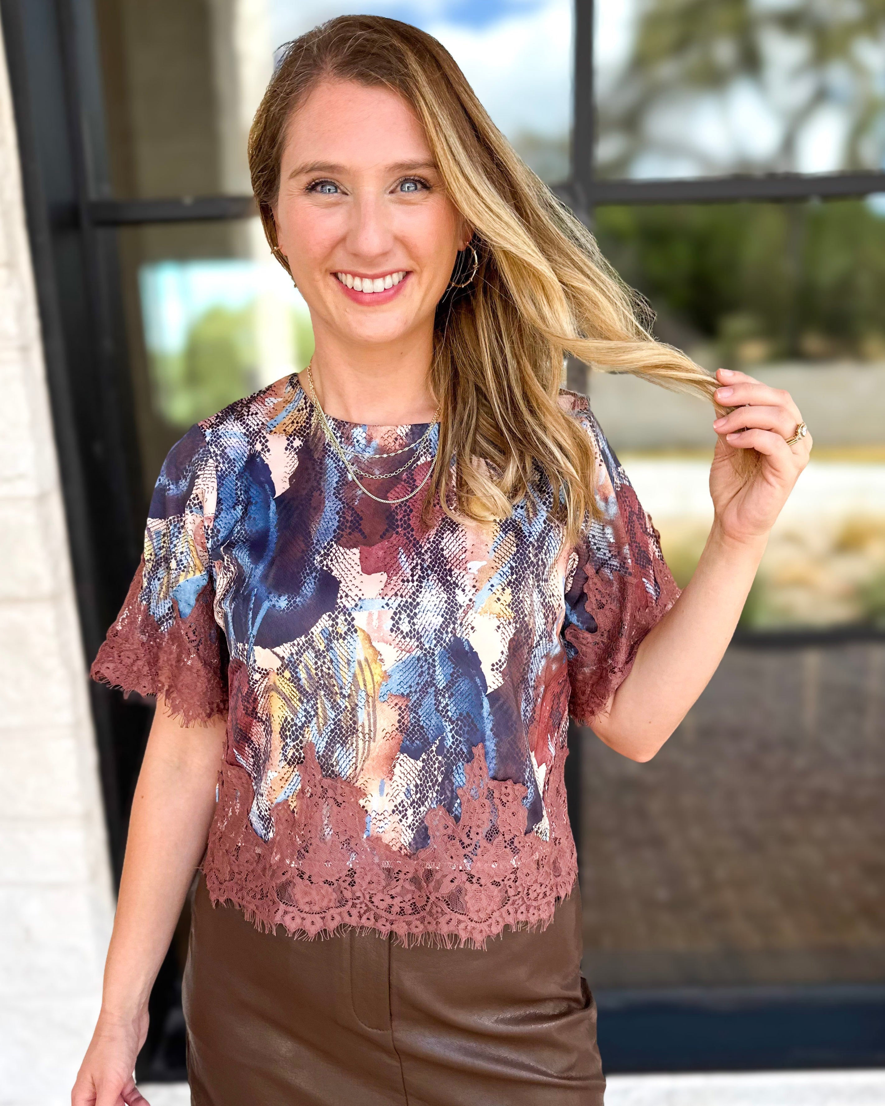 Sandstorm Lace Trim Blouse-200 Fashion Blouses-TCEC-July & June Women's Fashion Boutique Located in San Antonio, Texas