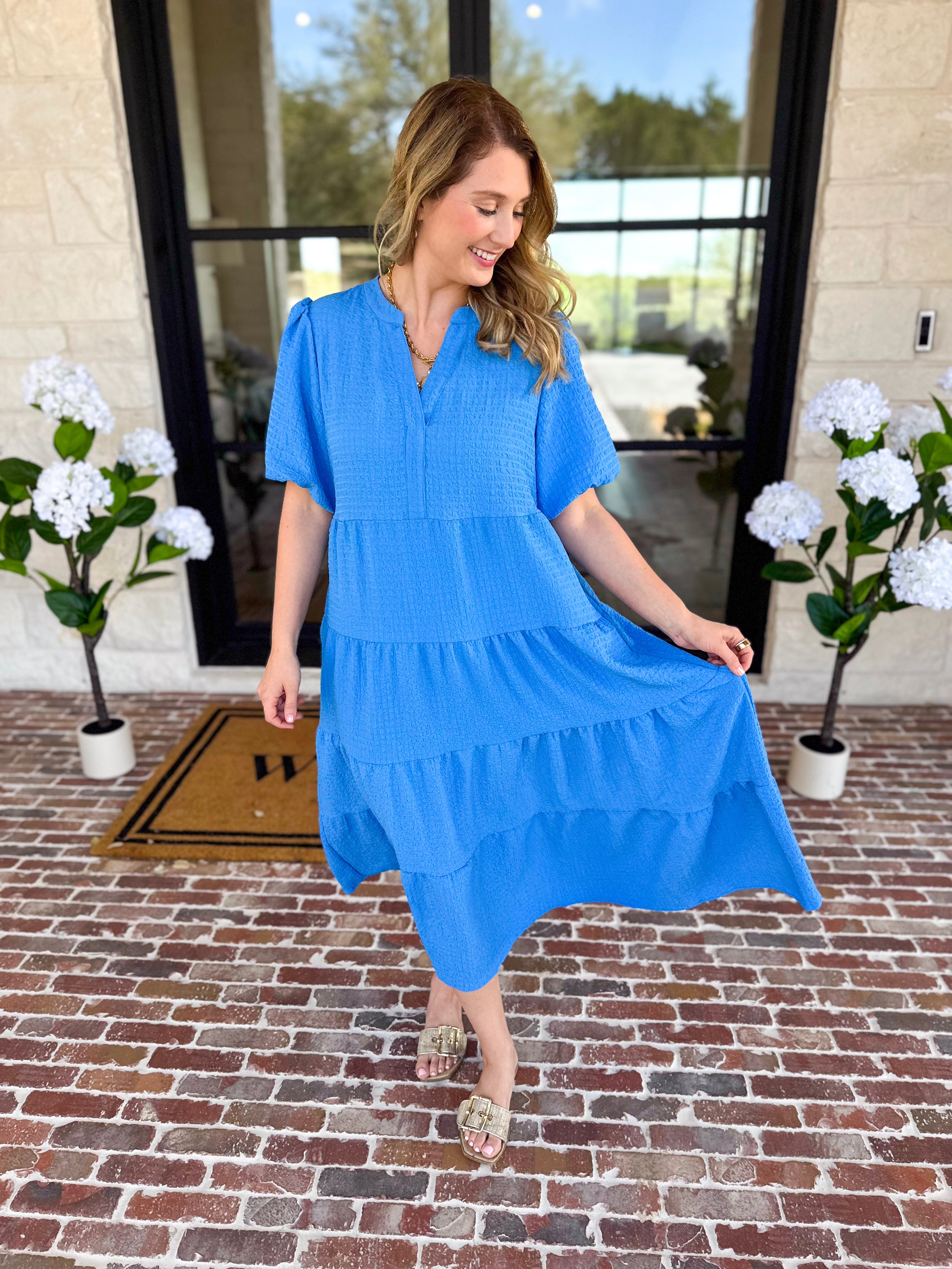 Mary Square - Kinsley Blue Midi Dress-500 Midi-MARY SQUARE-July & June Women's Fashion Boutique Located in San Antonio, Texas