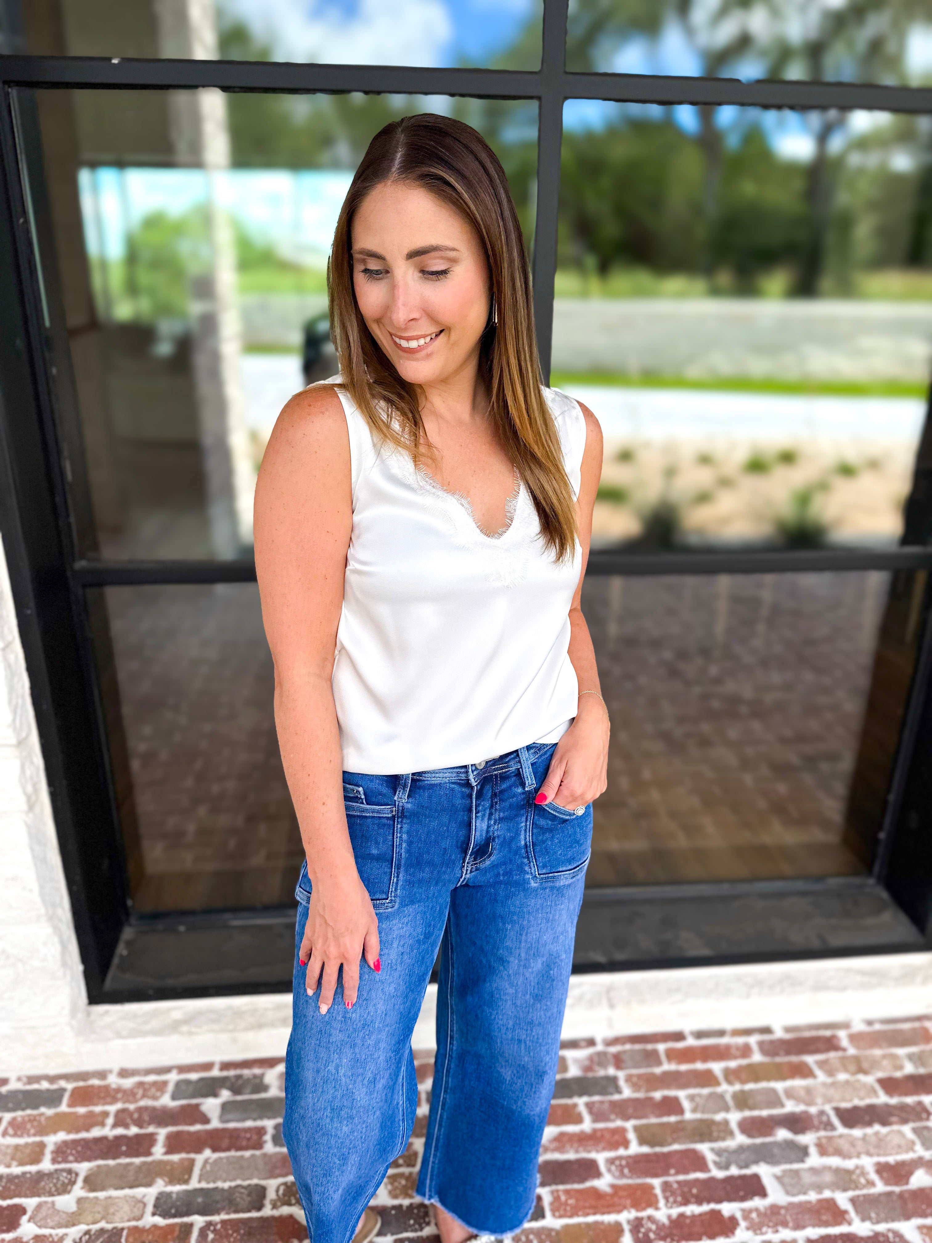 Liverpool - Lace V-Neck Satin Tank-210 Casual Blouses-LIVERPOOL JEANS COMPANY-July & June Women's Fashion Boutique Located in San Antonio, Texas