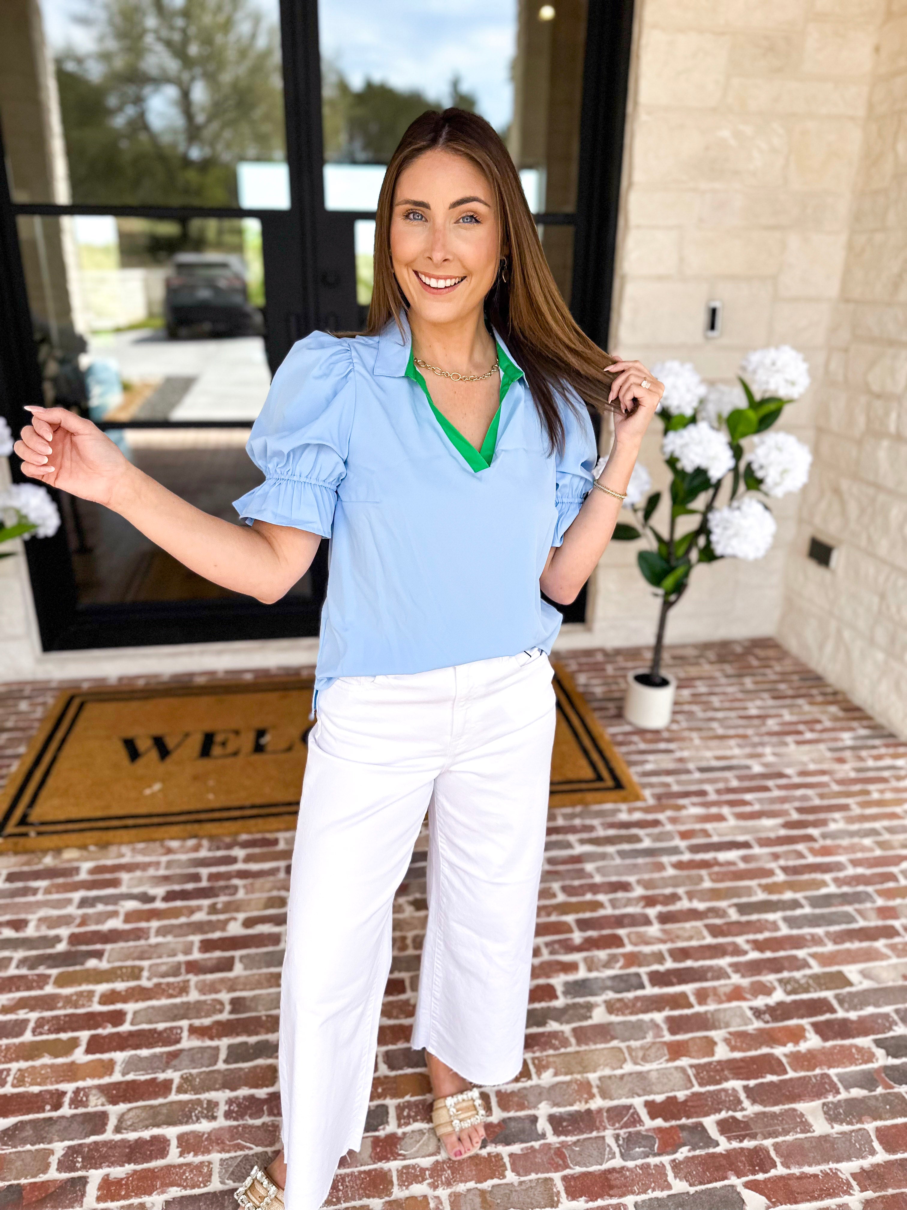 Mary Square - Jessica Blouse - Light Blue-200 Fashion Blouses-MARY SQUARE-July & June Women's Fashion Boutique Located in San Antonio, Texas