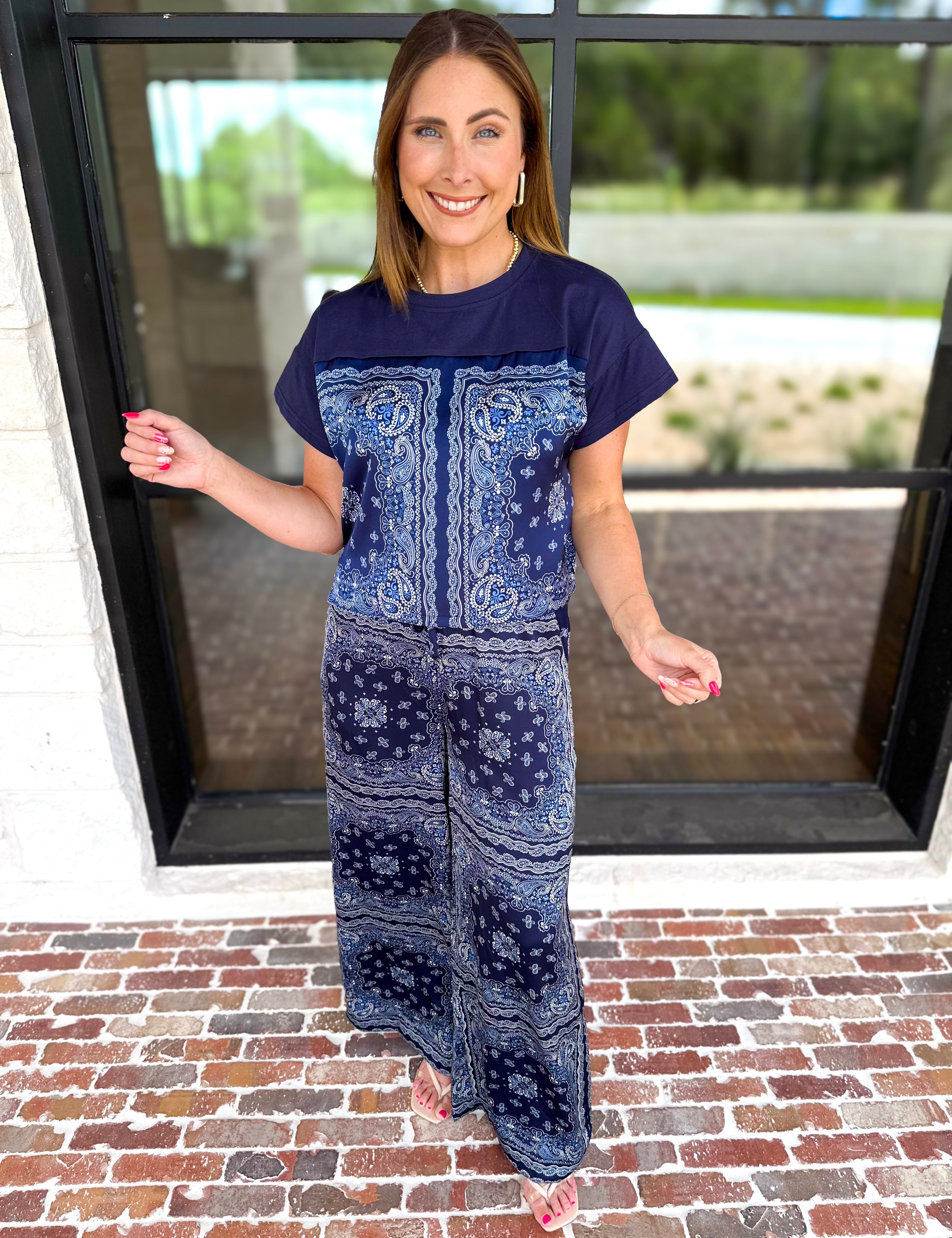 Navy Bandana Pants Set-500 Midi-SKIES ARE BLUE-July & June Women's Fashion Boutique Located in San Antonio, Texas