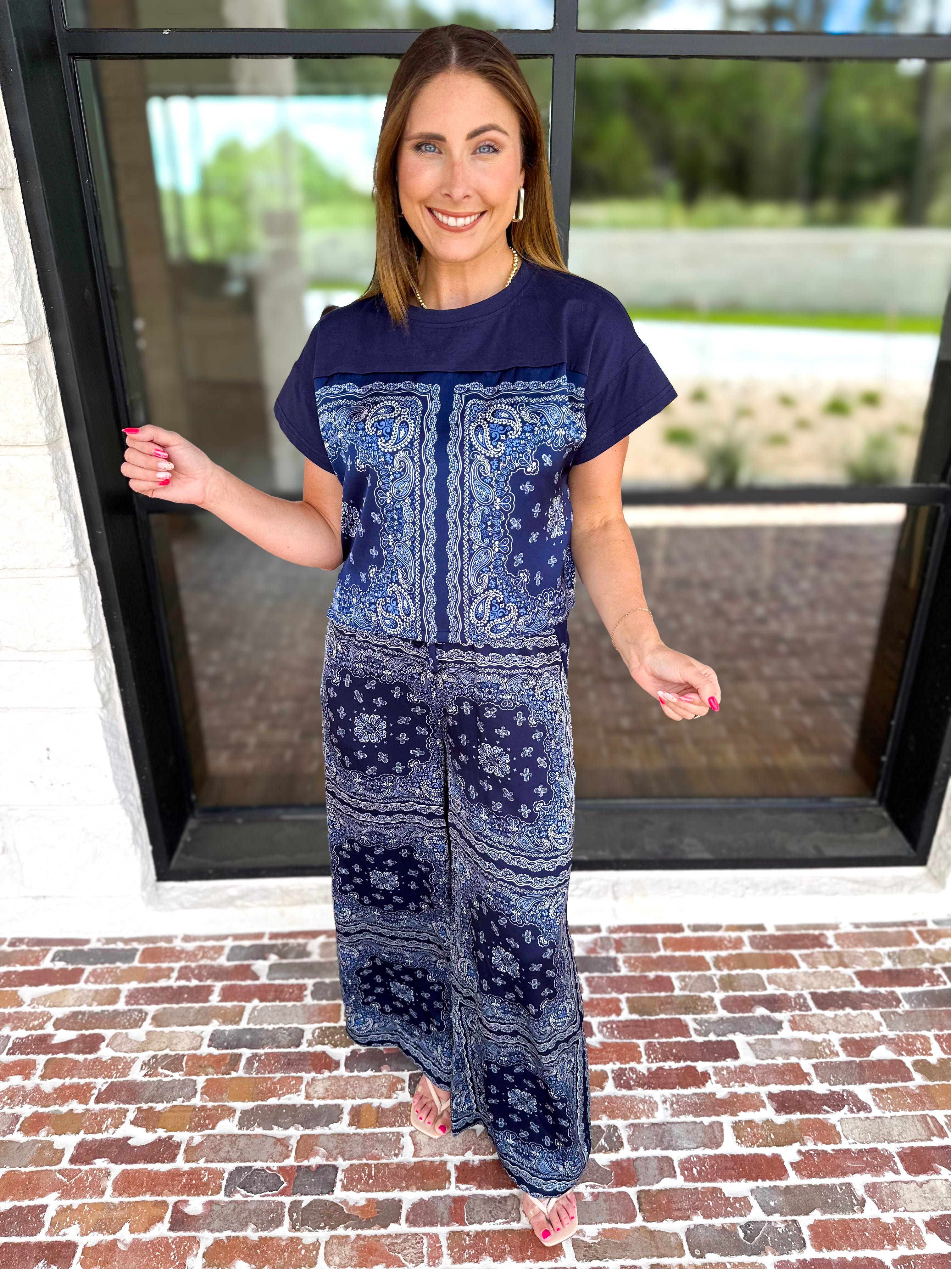 Navy Bandana Pants Set-500 Midi-SKIES ARE BLUE-July & June Women's Fashion Boutique Located in San Antonio, Texas