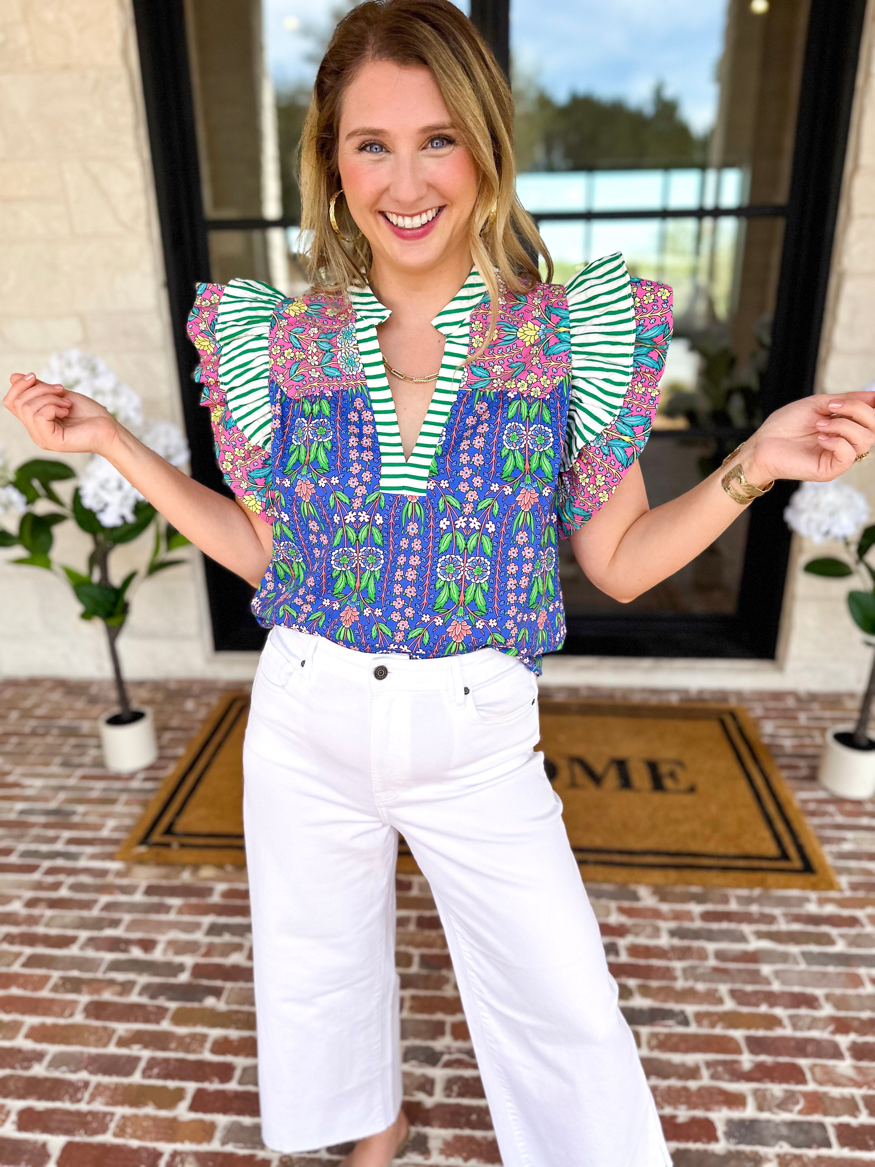 THML - Blue Flutter Sleeve Blouse-200 Fashion Blouses-THML-July & June Women's Fashion Boutique Located in San Antonio, Texas