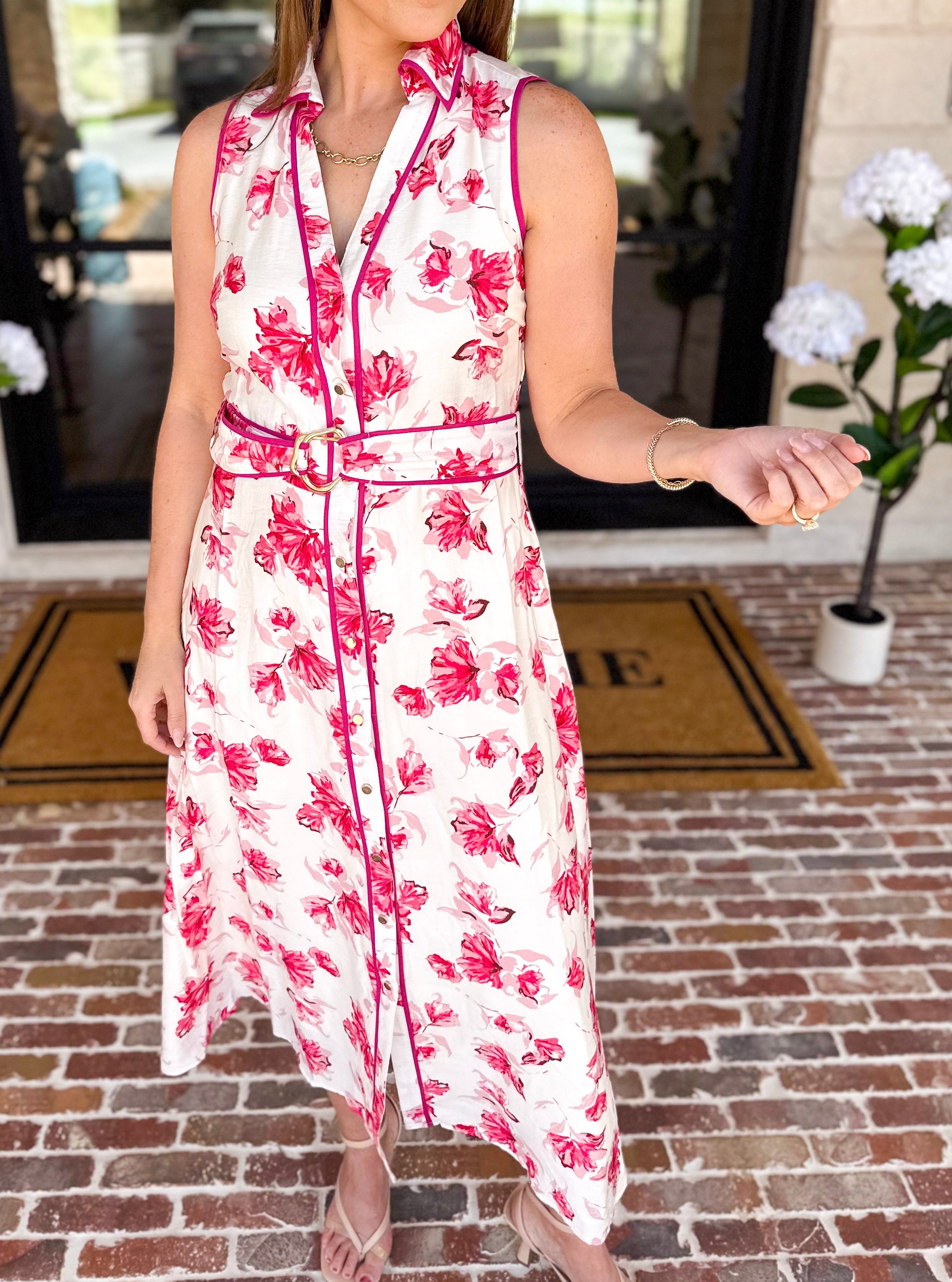 Vibrant Pink Floral Midi Dress-500 Midi-IN FEBRUARY-July & June Women's Fashion Boutique Located in San Antonio, Texas