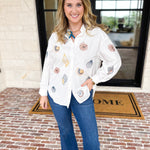 Linen Seashell Embroidered Blouse-200 Fashion Blouses-BLUE B-July & June Women's Fashion Boutique Located in San Antonio, Texas