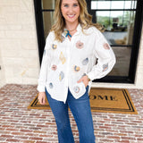 Linen Seashell Embroidered Blouse-200 Fashion Blouses-BLUE B-July & June Women's Fashion Boutique Located in San Antonio, Texas