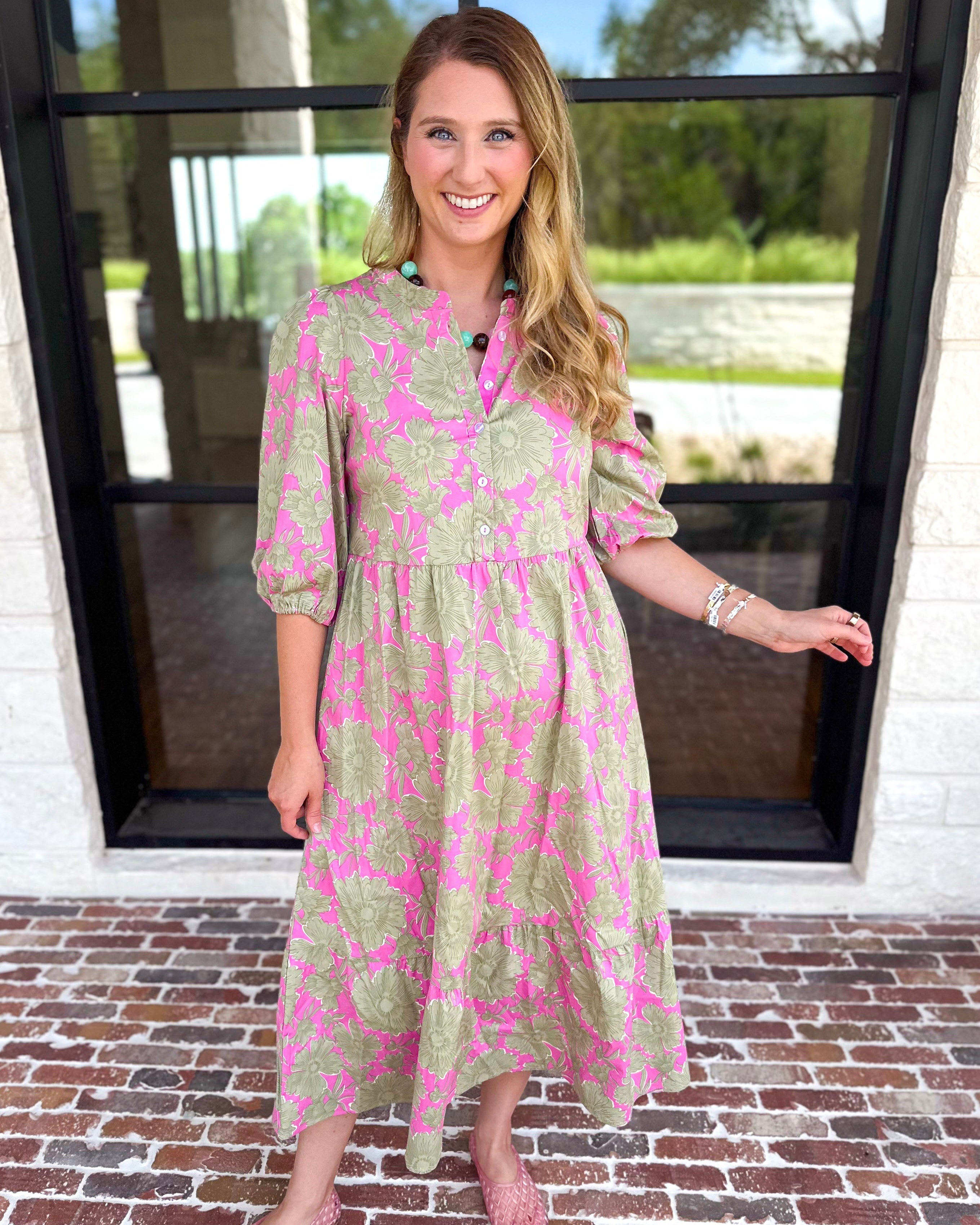 Mary Square - Riley Pink & Sage Floral Midi Dress-500 Midi-MARY SQUARE-July & June Women's Fashion Boutique Located in San Antonio, Texas