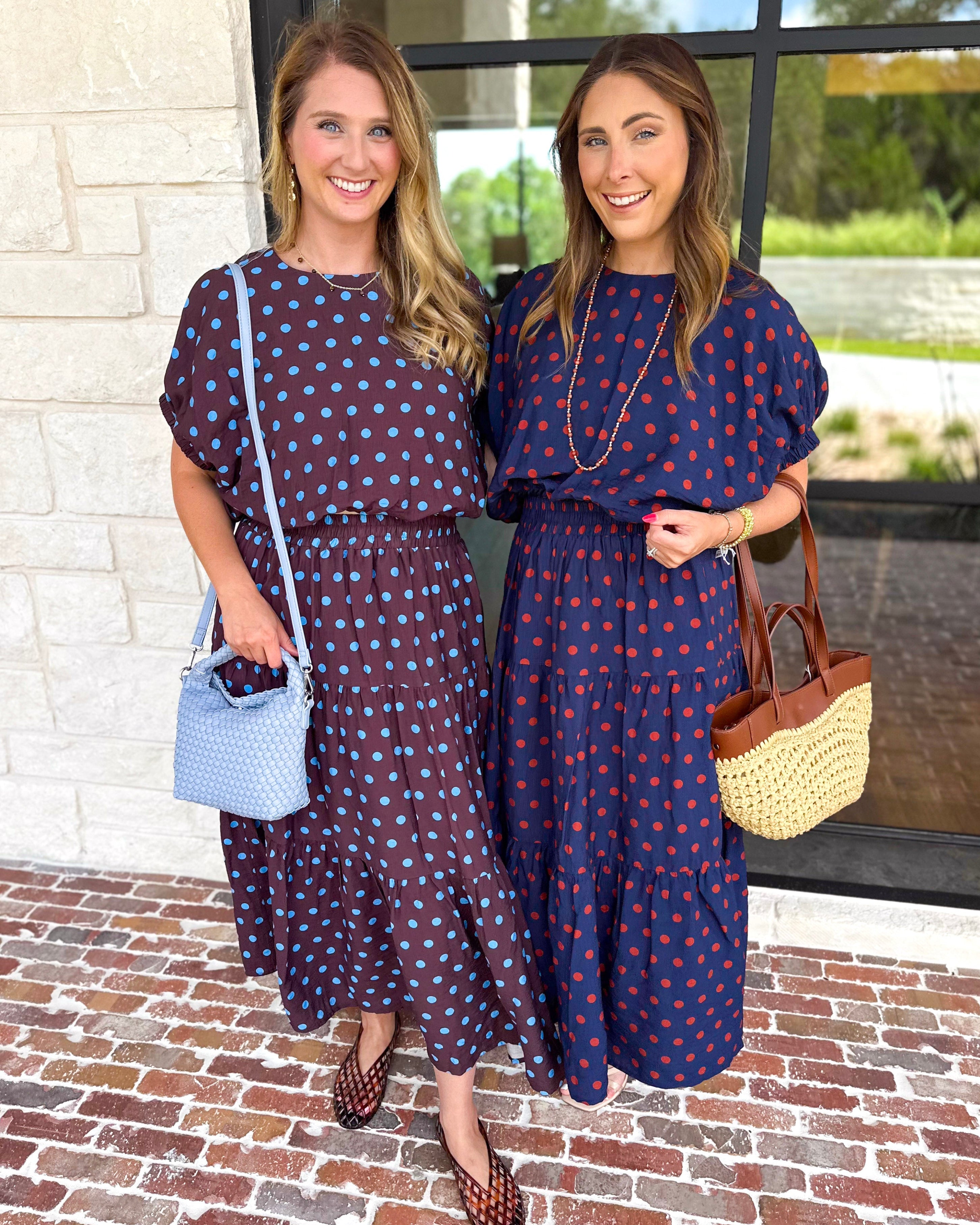 Darling in Dots Set - Brown & Blue-500 Midi-ENTRO-July & June Women's Fashion Boutique Located in San Antonio, Texas