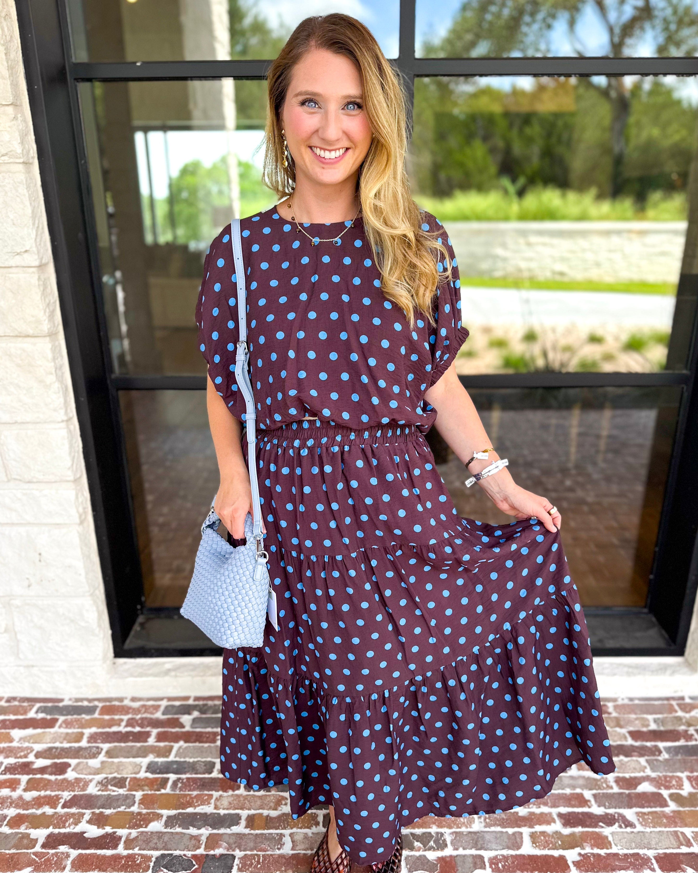 Darling in Dots Set - Brown & Blue-500 Midi-ENTRO-July & June Women's Fashion Boutique Located in San Antonio, Texas