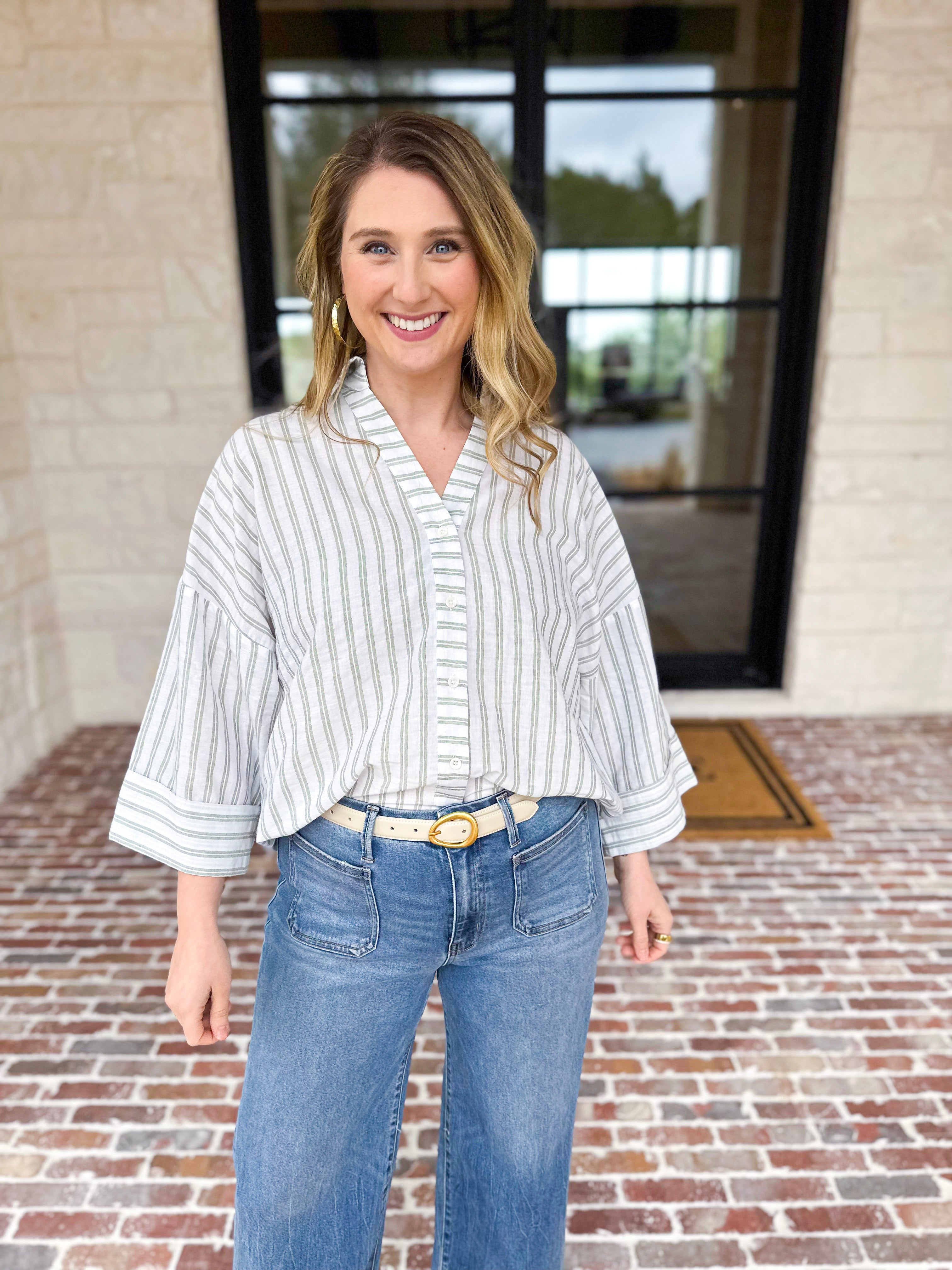 Comfy Coastal Button Down - Sage-200 Fashion Blouses-IN FEBRUARY-July & June Women's Fashion Boutique Located in San Antonio, Texas