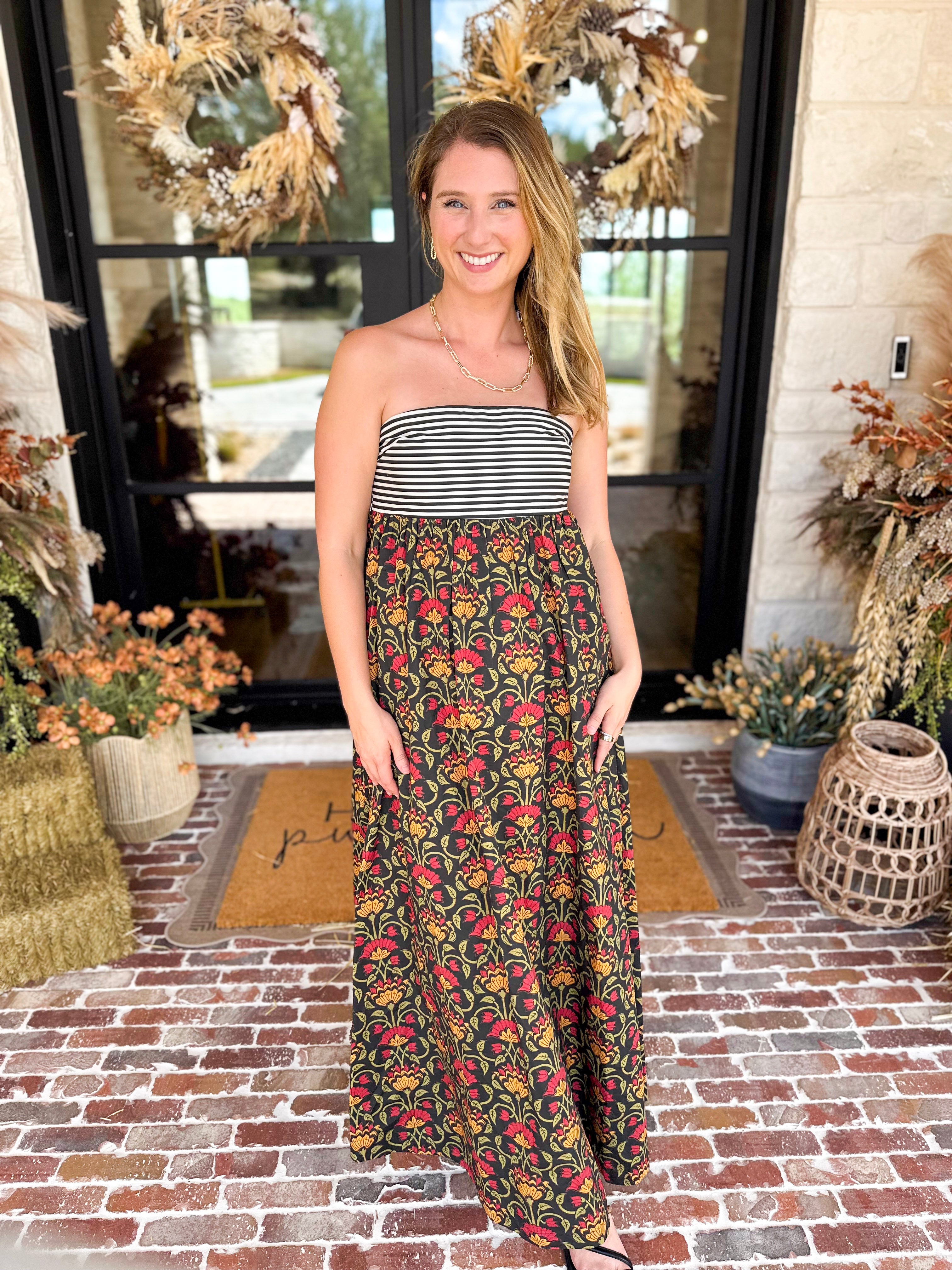 Floral & Stripes Strapless Maxi Dress-500 Midi-TCEC-July & June Women's Fashion Boutique Located in San Antonio, Texas