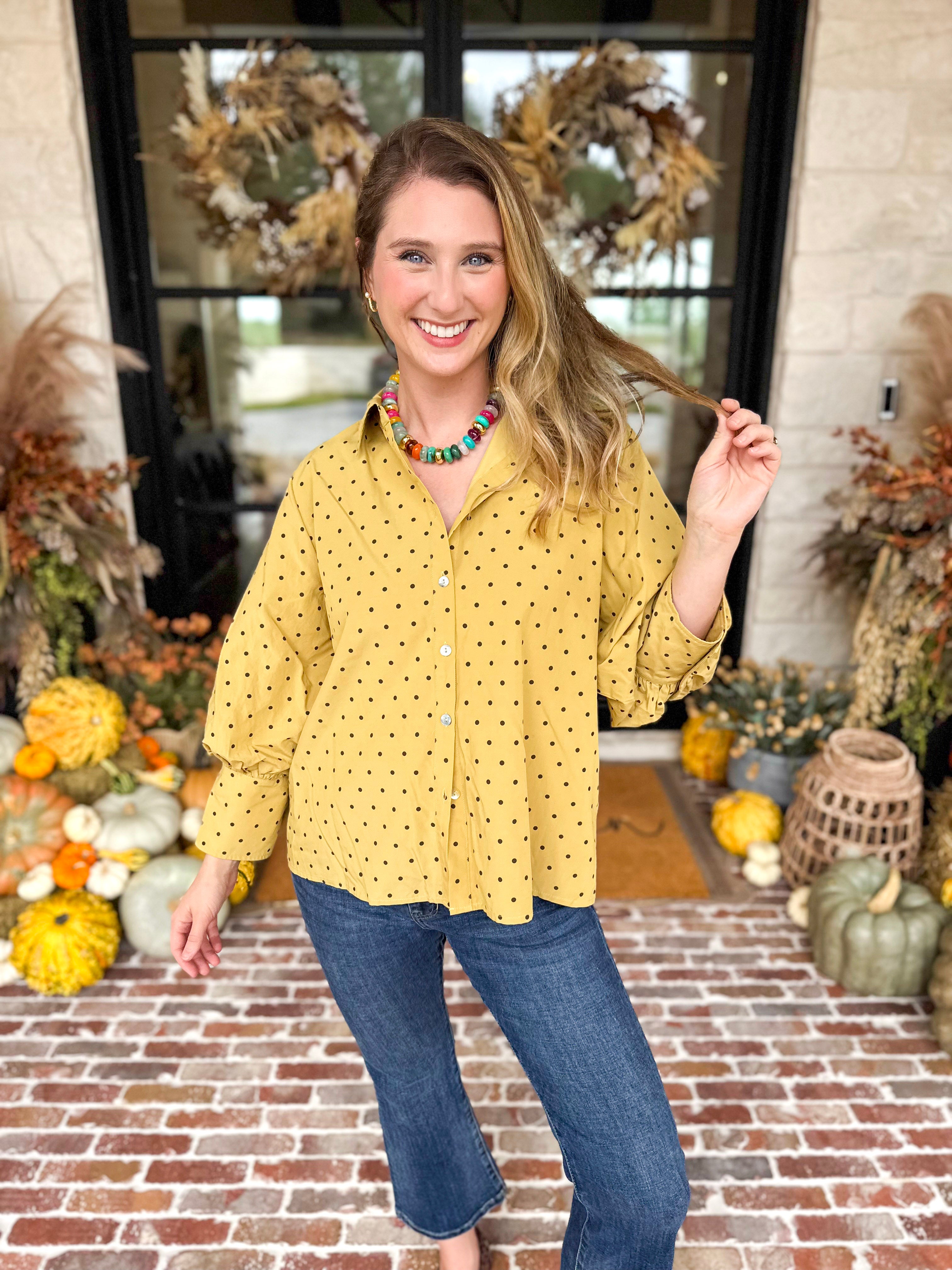 Golden Bubble Sleeve Blouse-200 Fashion Blouses-JODIFL-July & June Women's Fashion Boutique Located in San Antonio, Texas