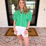 Mary Square - Colette Heritage Green Blouse-200 Fashion Blouses-MARY SQUARE-July & June Women's Fashion Boutique Located in San Antonio, Texas
