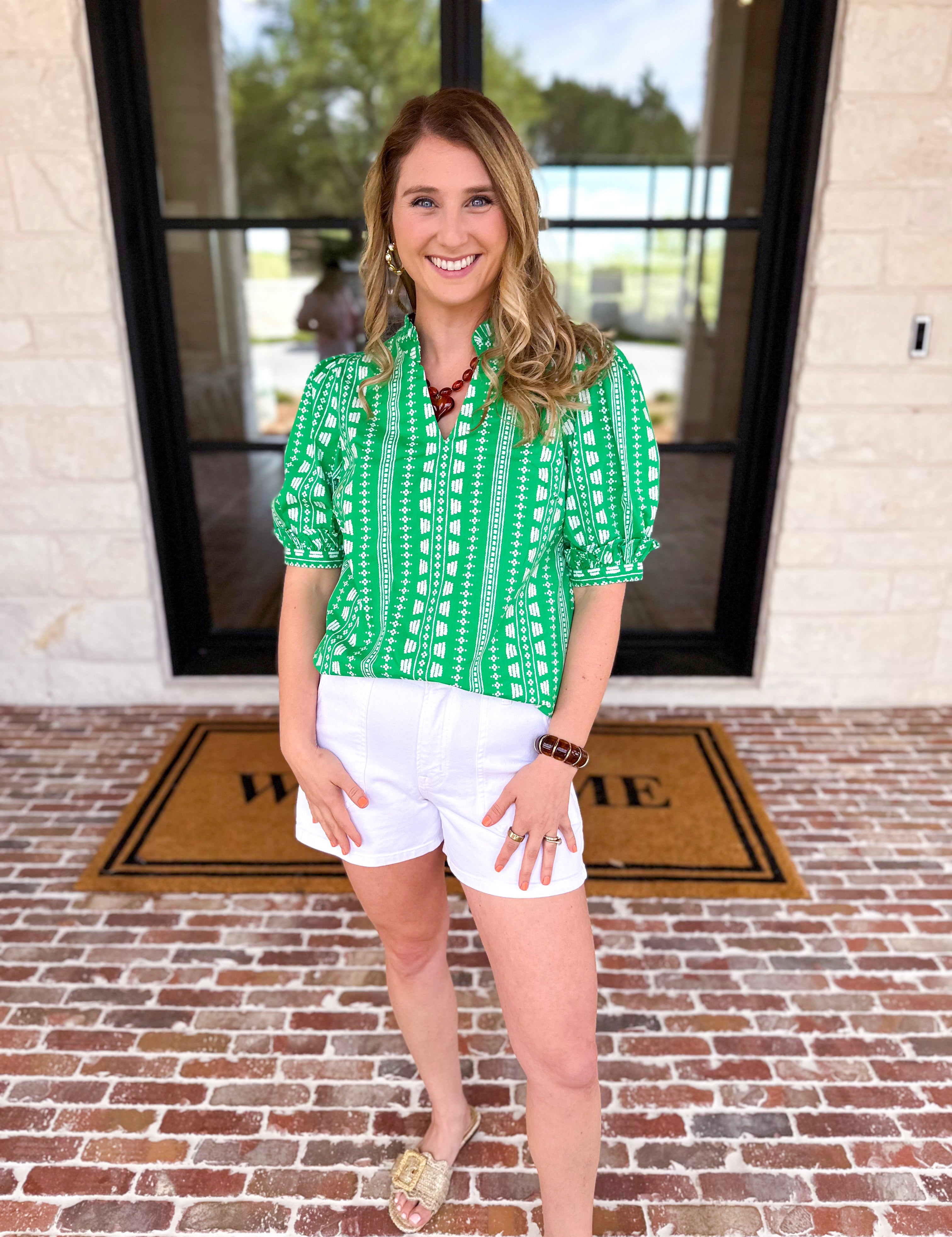 Mary Square - Colette Heritage Green Blouse-200 Fashion Blouses-MARY SQUARE-July & June Women's Fashion Boutique Located in San Antonio, Texas