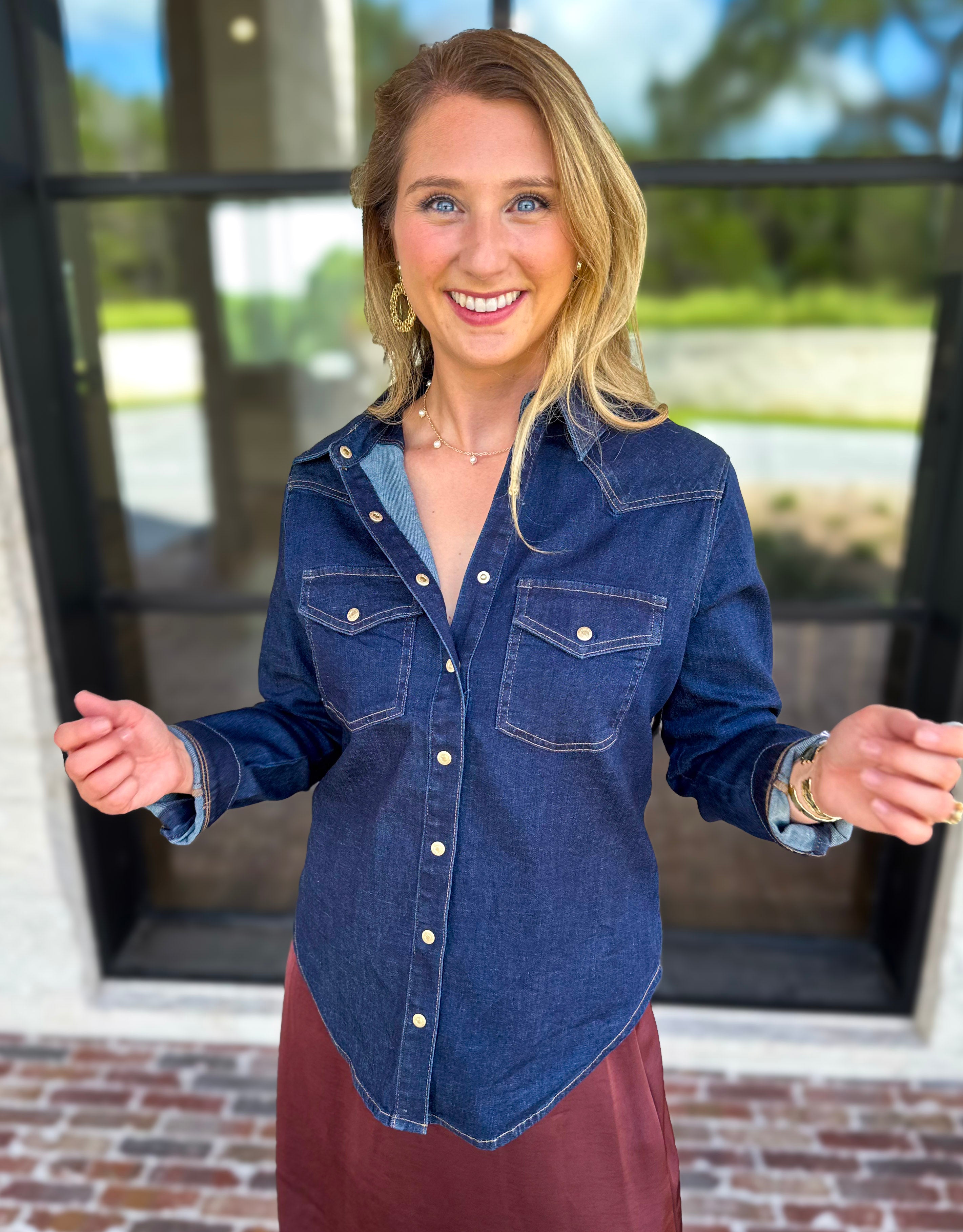 Liverpool - The Dakota Denim Button Down-200 Fashion Blouses-LIVERPOOL JEANS COMPANY-July & June Women's Fashion Boutique Located in San Antonio, Texas
