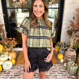 THML - Groves Plaid Ruffle Neck Blouse-200 Fashion Blouses-THML-July & June Women's Fashion Boutique Located in San Antonio, Texas