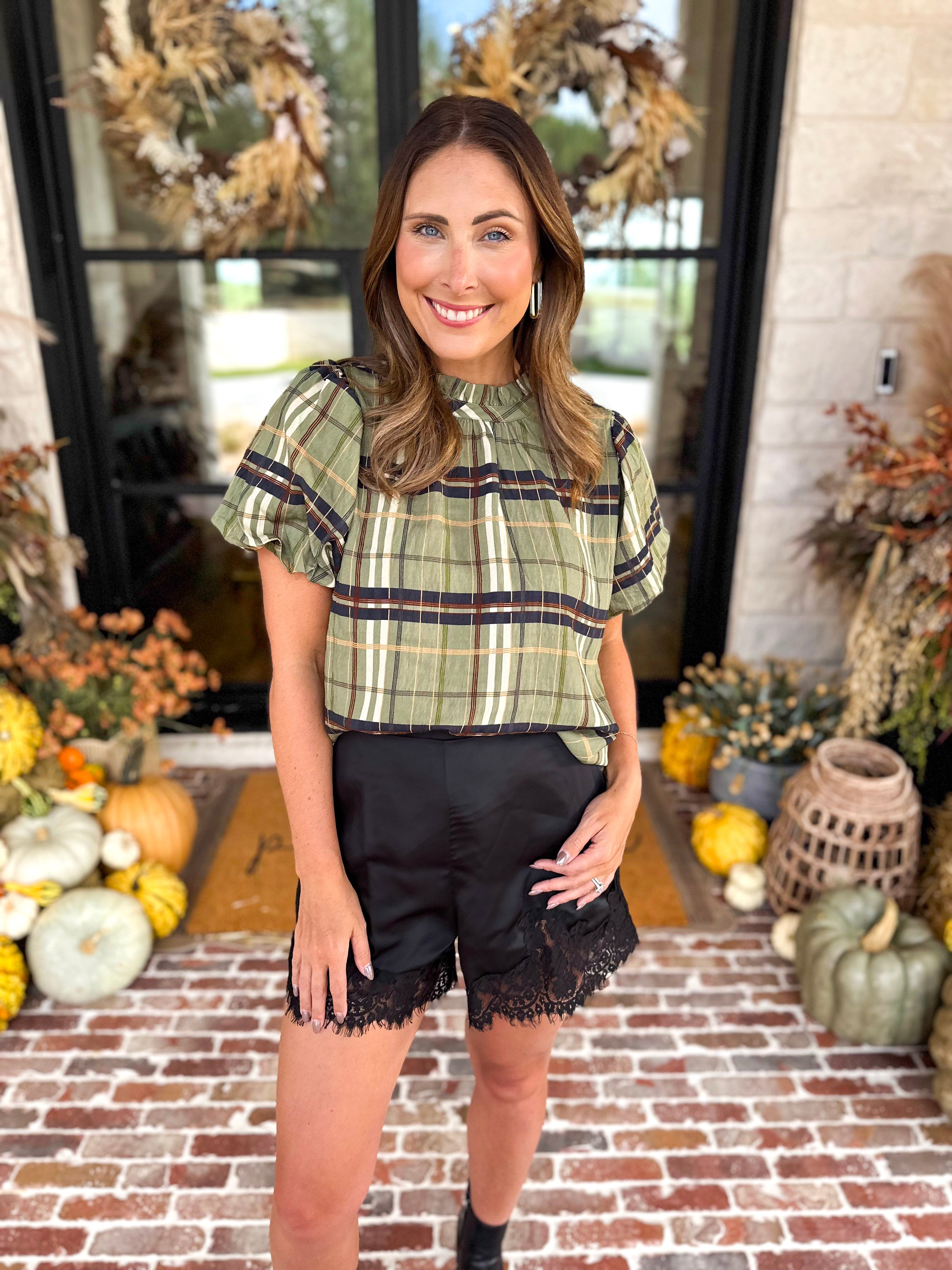 THML - Groves Plaid Ruffle Neck Blouse-200 Fashion Blouses-THML-July & June Women's Fashion Boutique Located in San Antonio, Texas
