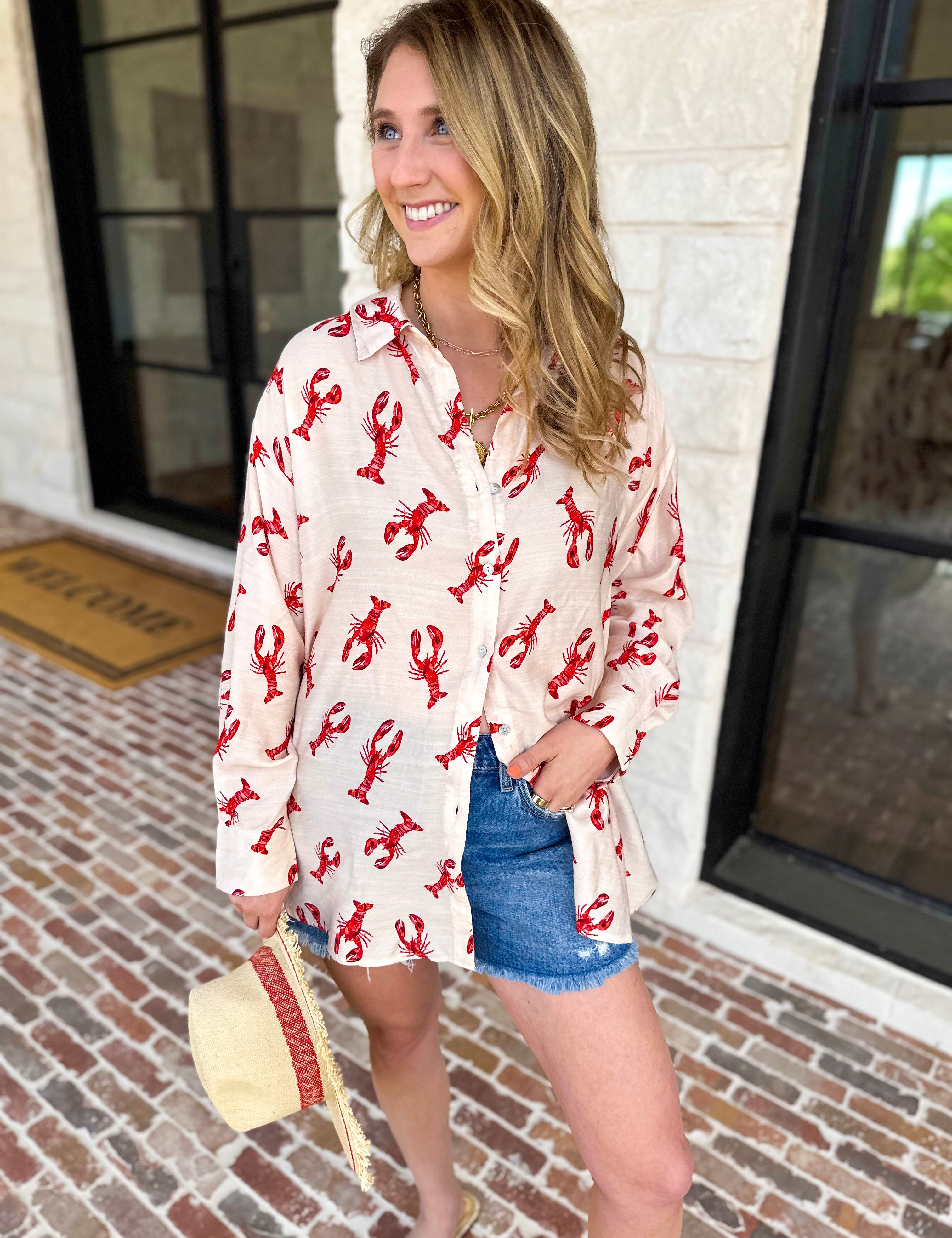 Lobster Button Down Blouse-200 Fashion Blouses-ENTRO-July & June Women's Fashion Boutique Located in San Antonio, Texas