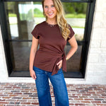 Essentials Knotted Blouse - Chocolate-200 Fashion Blouses-ENTRO-July & June Women's Fashion Boutique Located in San Antonio, Texas