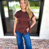 Essentials Knotted Blouse - Chocolate-200 Fashion Blouses-ENTRO-July & June Women's Fashion Boutique Located in San Antonio, Texas