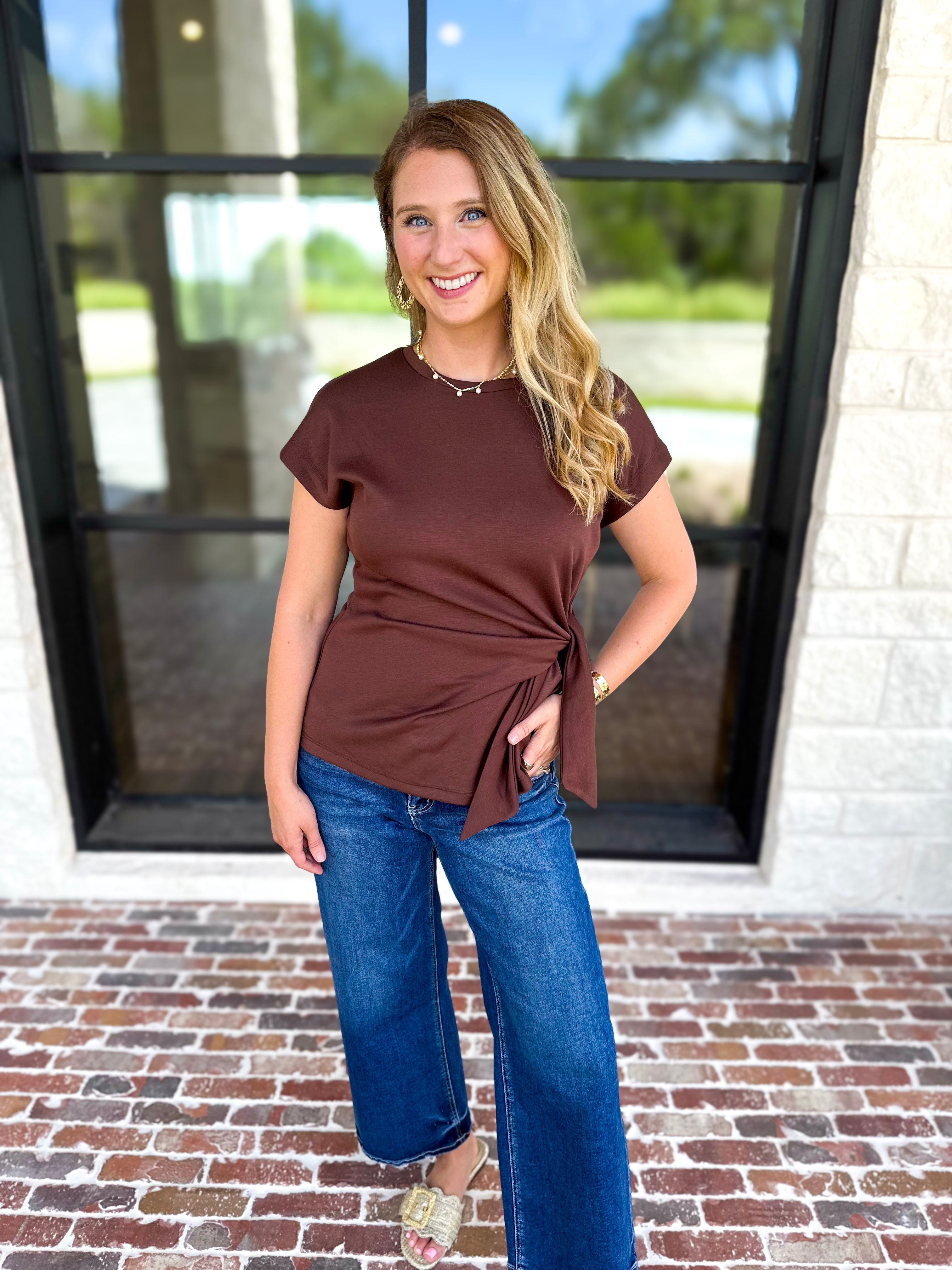 Essentials Knotted Blouse - Chocolate-200 Fashion Blouses-ENTRO-July & June Women's Fashion Boutique Located in San Antonio, Texas