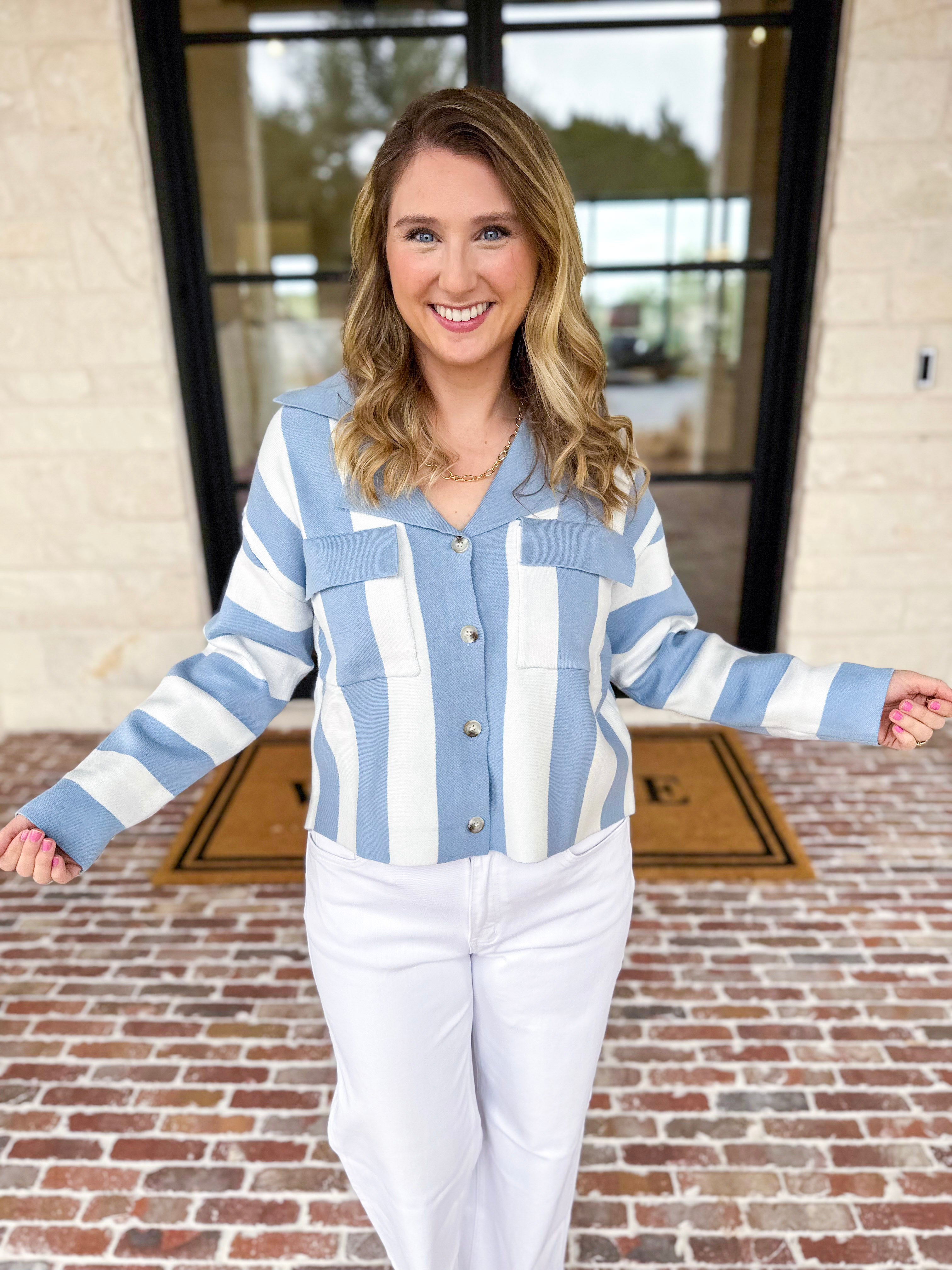 Sky’s The Limit Collared Sweater-230 Sweaters/Cardis-ALLIE ROSE-July & June Women's Fashion Boutique Located in San Antonio, Texas