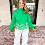 Current Air - Kelly Green Eyelet Lace Blouse-200 Fashion Blouses-CURRENT AIR CLOTHING-July & June Women's Fashion Boutique Located in San Antonio, Texas