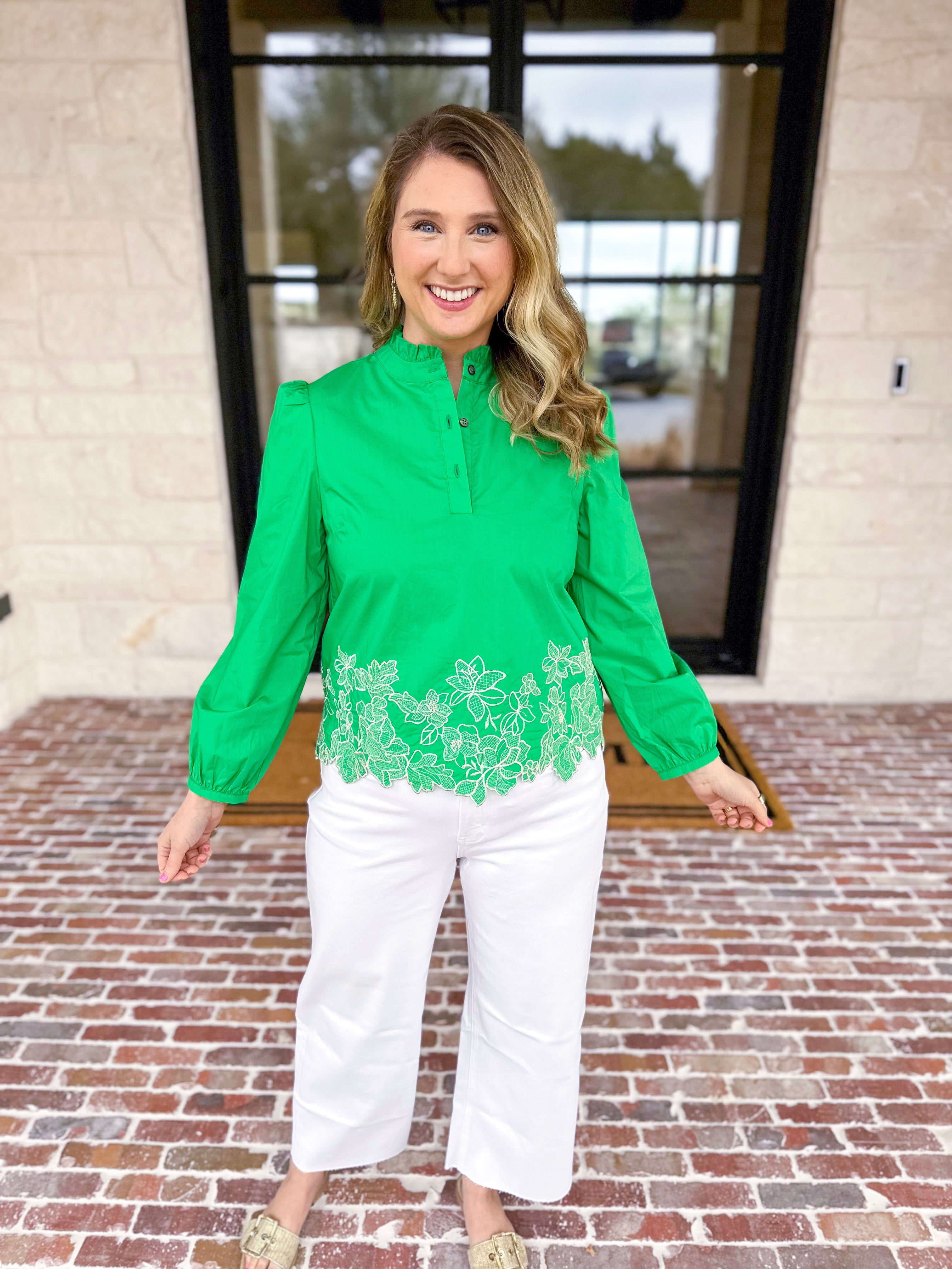 Current Air - Kelly Green Eyelet Lace Blouse-200 Fashion Blouses-CURRENT AIR CLOTHING-July & June Women's Fashion Boutique Located in San Antonio, Texas