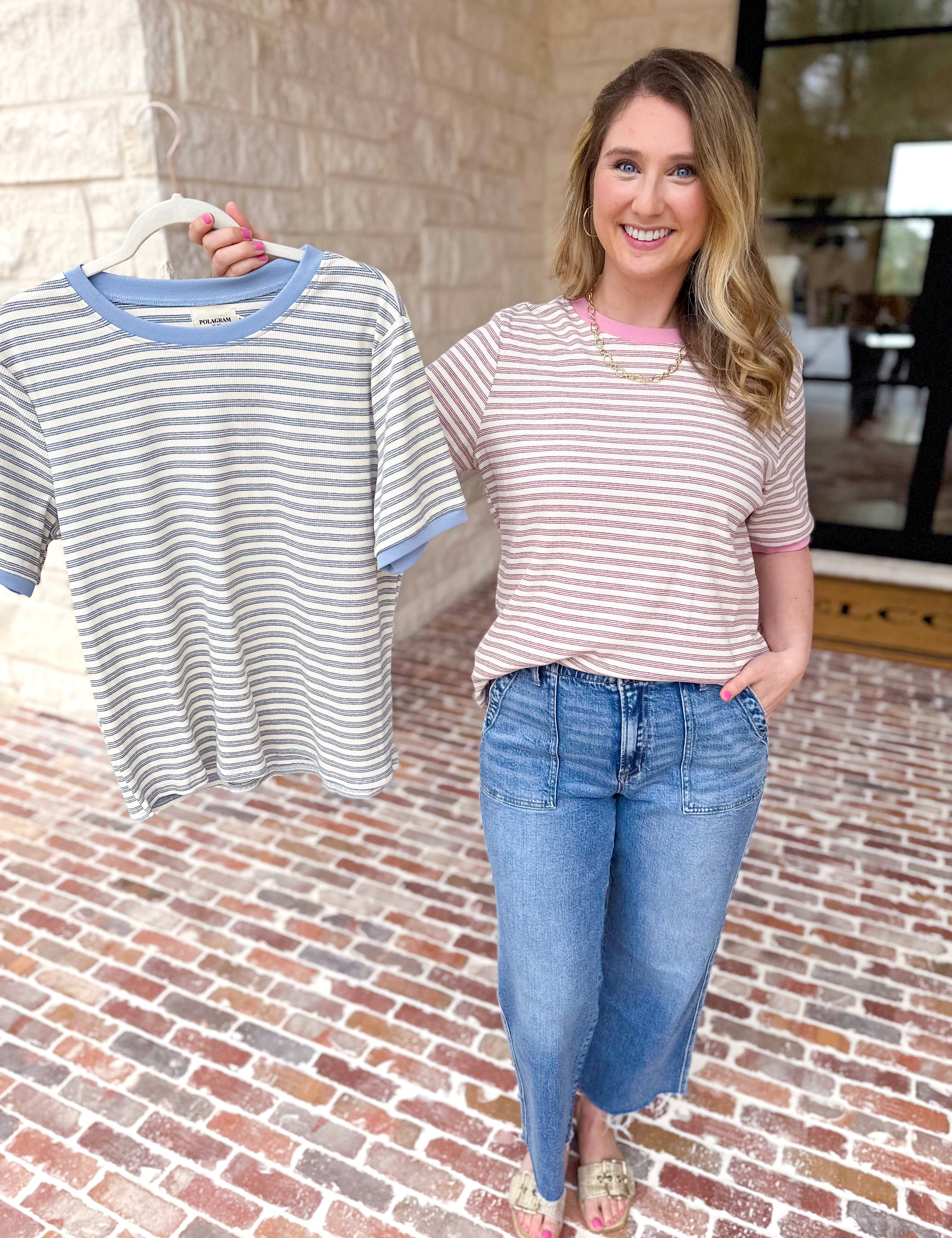 Casual Hangout Striped Tee - Pink-210 Casual Blouses-POLOGRAM-July & June Women's Fashion Boutique Located in San Antonio, Texas