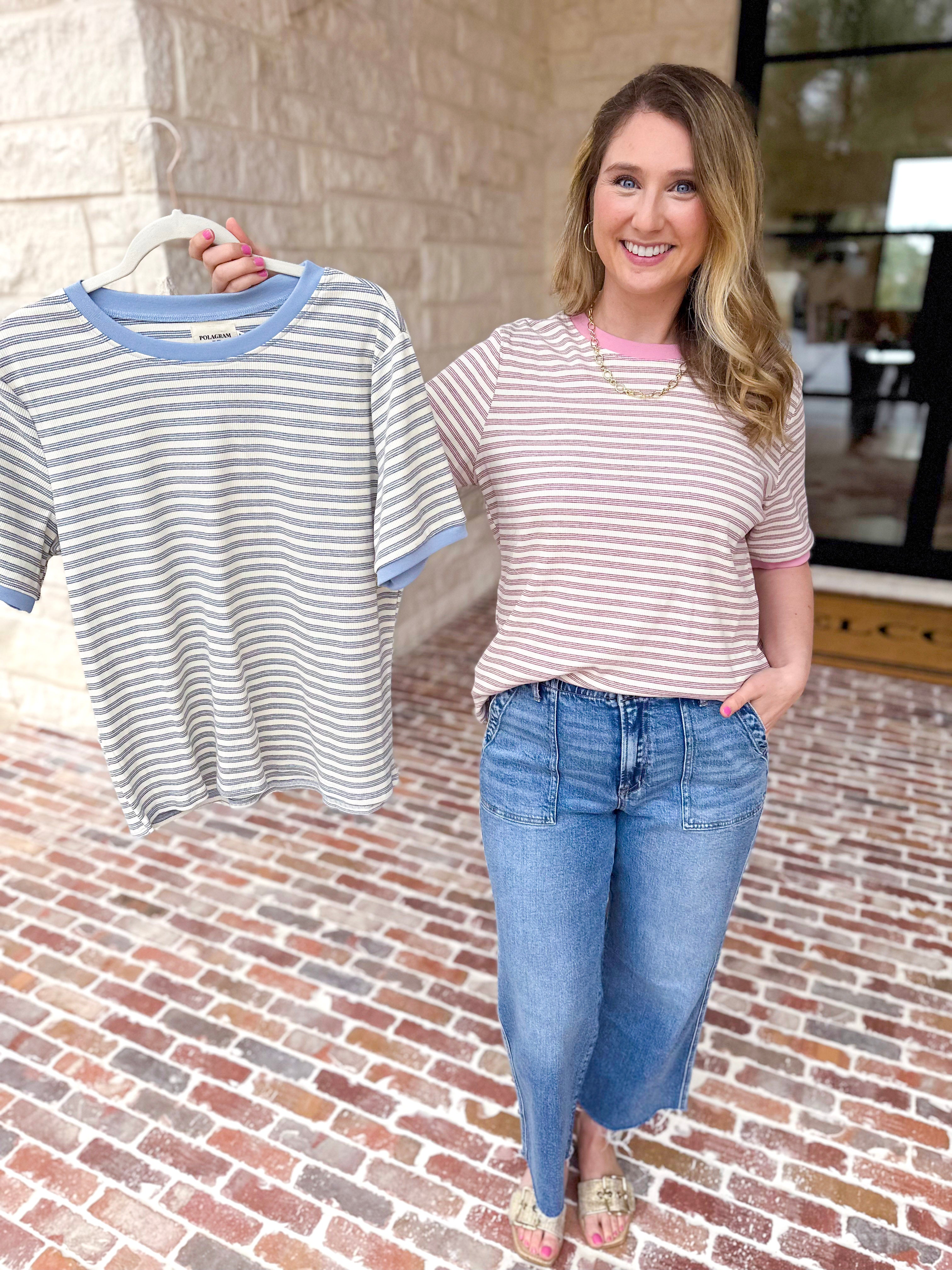 Casual Hangout Striped Tee - Pink-210 Casual Blouses-POLOGRAM-July & June Women's Fashion Boutique Located in San Antonio, Texas