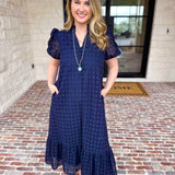 The Graceful Gathering Midi Dress - Navy-500 Midi-ENTRO-July & June Women's Fashion Boutique Located in San Antonio, Texas
