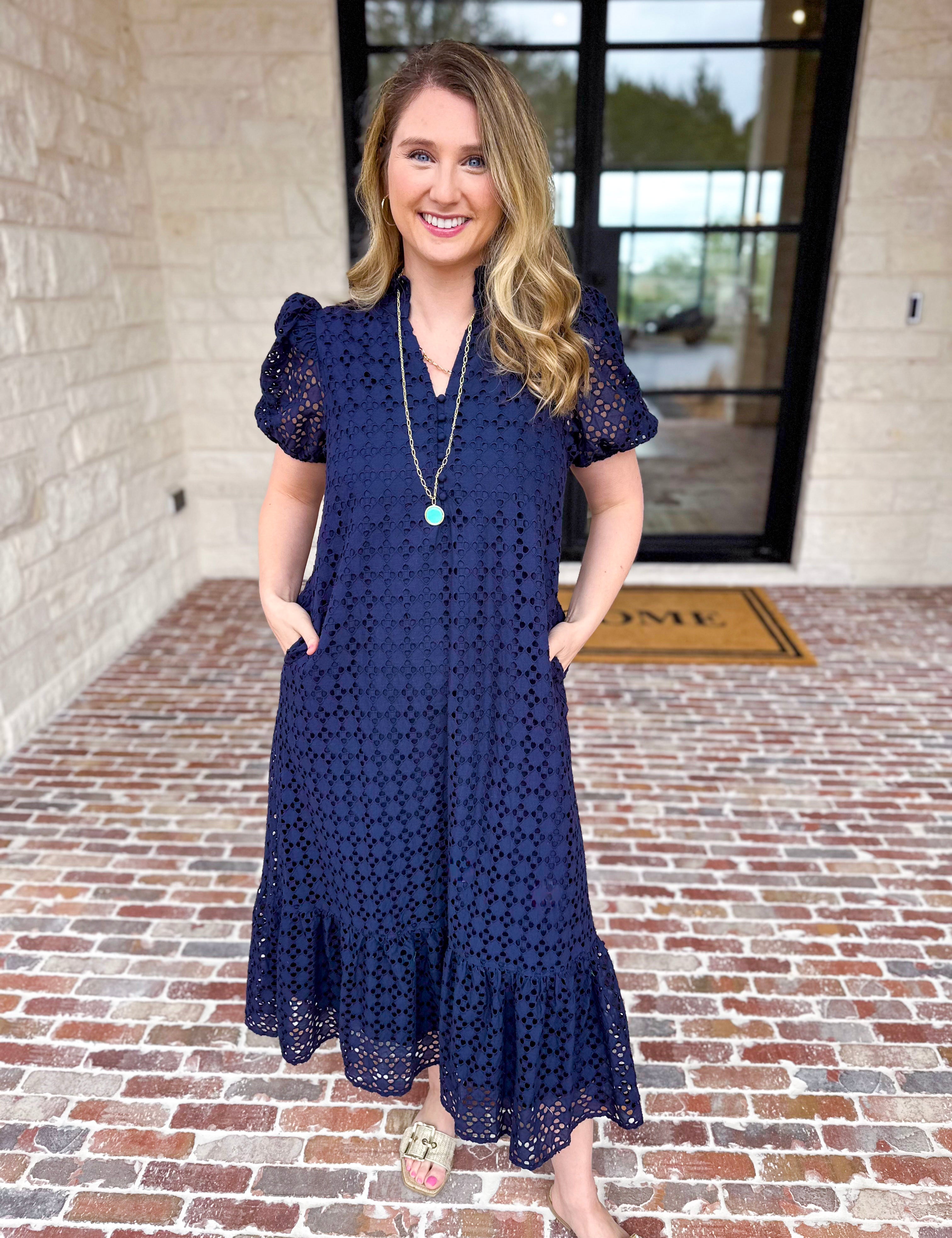 The Graceful Gathering Midi Dress - Navy-500 Midi-ENTRO-July & June Women's Fashion Boutique Located in San Antonio, Texas
