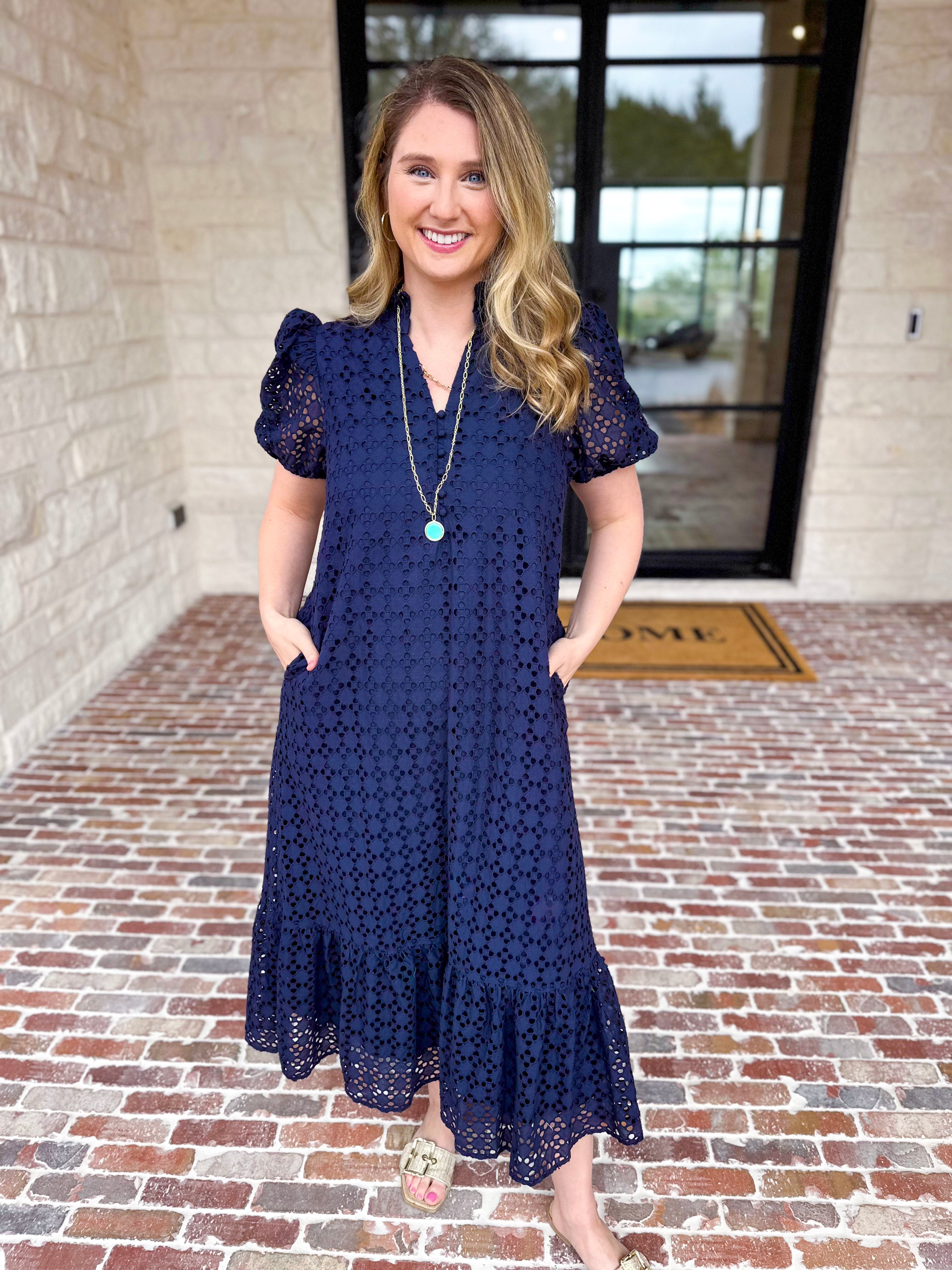 The Graceful Gathering Midi Dress - Navy-500 Midi-ENTRO-July & June Women's Fashion Boutique Located in San Antonio, Texas