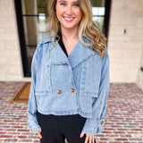Light Wash Trench Style Denim Jacket-600 Outerwear-TCEC-July & June Women's Fashion Boutique Located in San Antonio, Texas