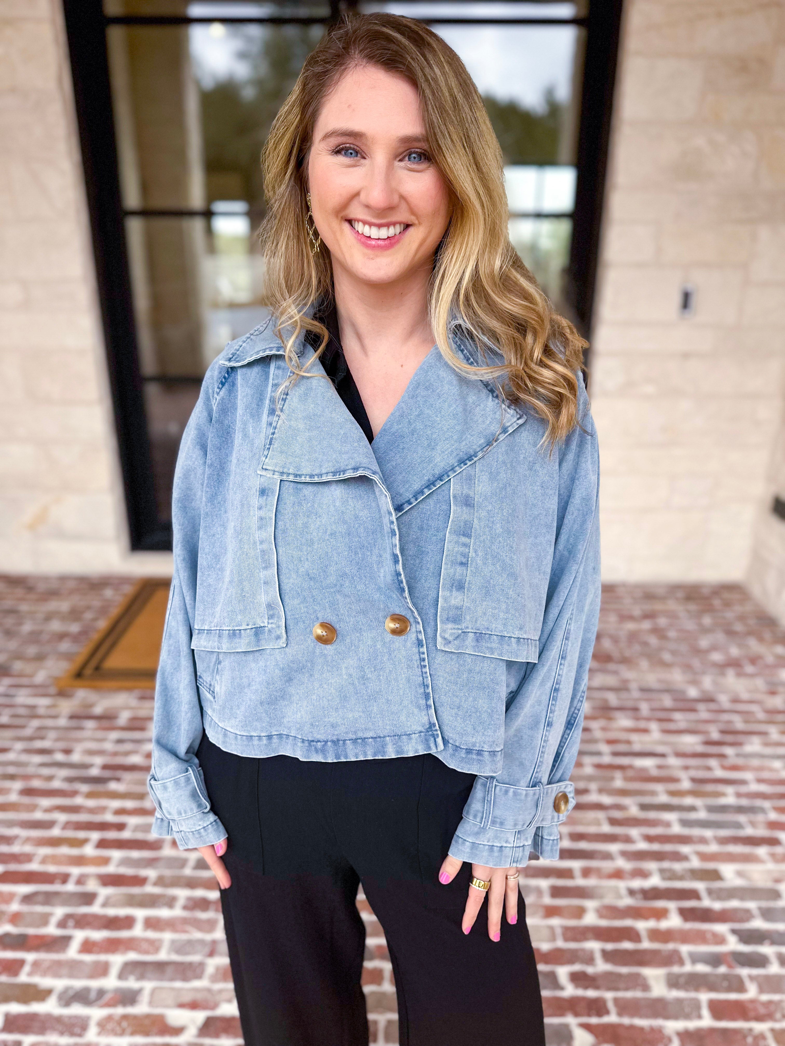 Light Wash Trench Style Denim Jacket-600 Outerwear-TCEC-July & June Women's Fashion Boutique Located in San Antonio, Texas