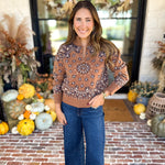 Current Air - Chestnut Paisley Quarter Zip Sweater-230 Sweaters/Cardis-CURRENT AIR CLOTHING-July & June Women's Fashion Boutique Located in San Antonio, Texas