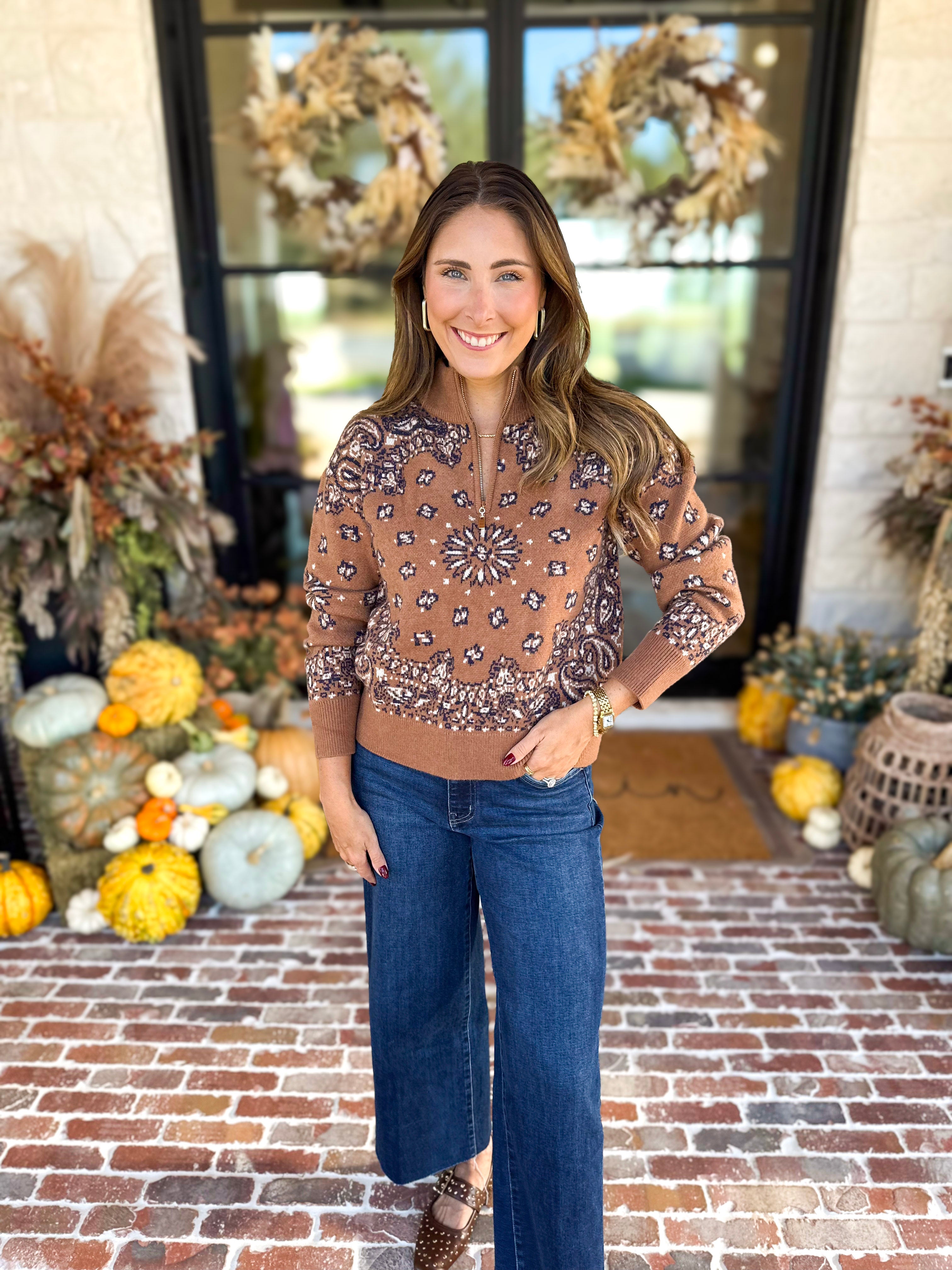 Current Air - Chestnut Paisley Quarter Zip Sweater-230 Sweaters/Cardis-CURRENT AIR CLOTHING-July & June Women's Fashion Boutique Located in San Antonio, Texas
