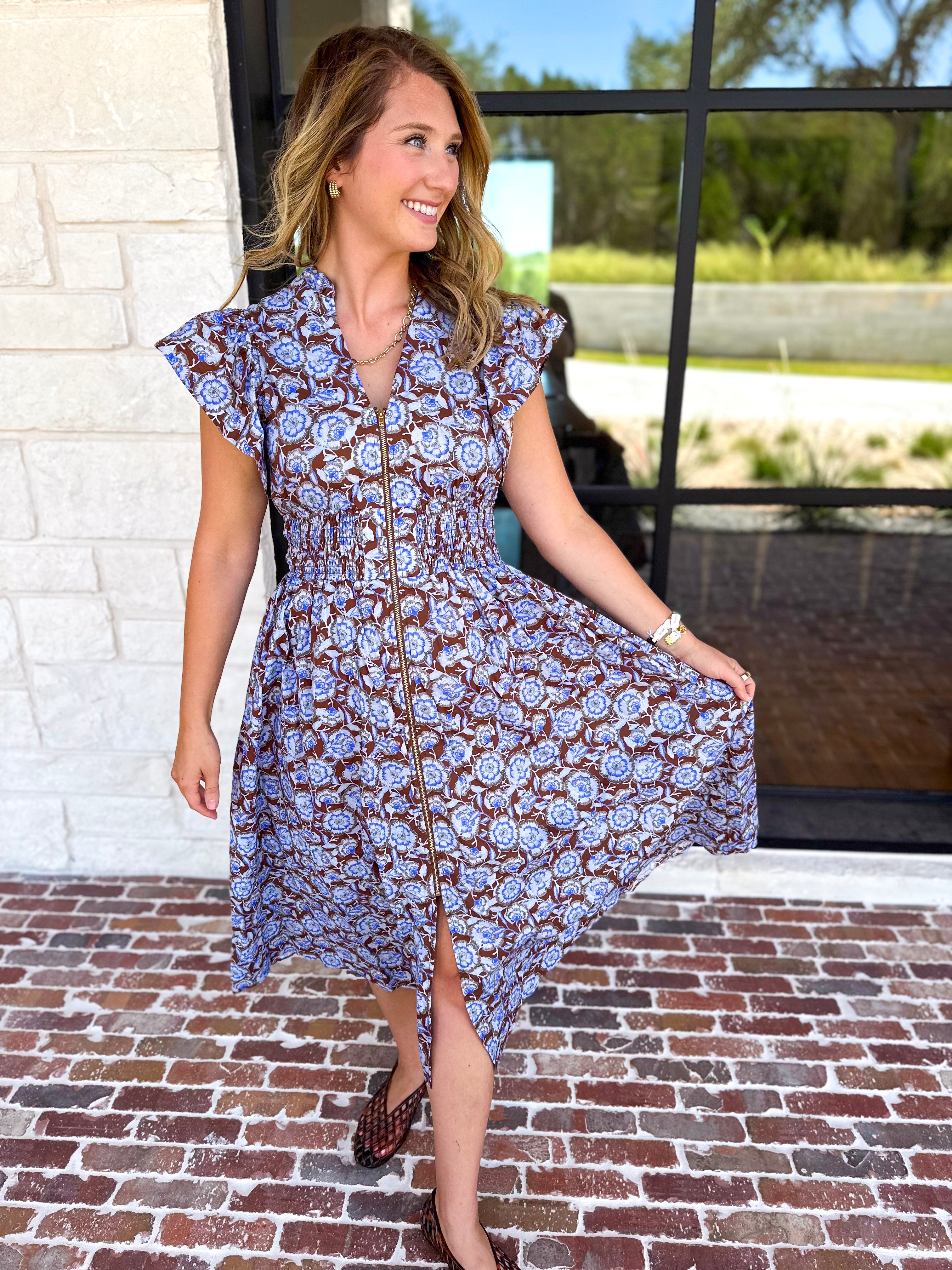 Blue & Brown Floral Midi Dress-500 Midi-ENTRO-July & June Women's Fashion Boutique Located in San Antonio, Texas