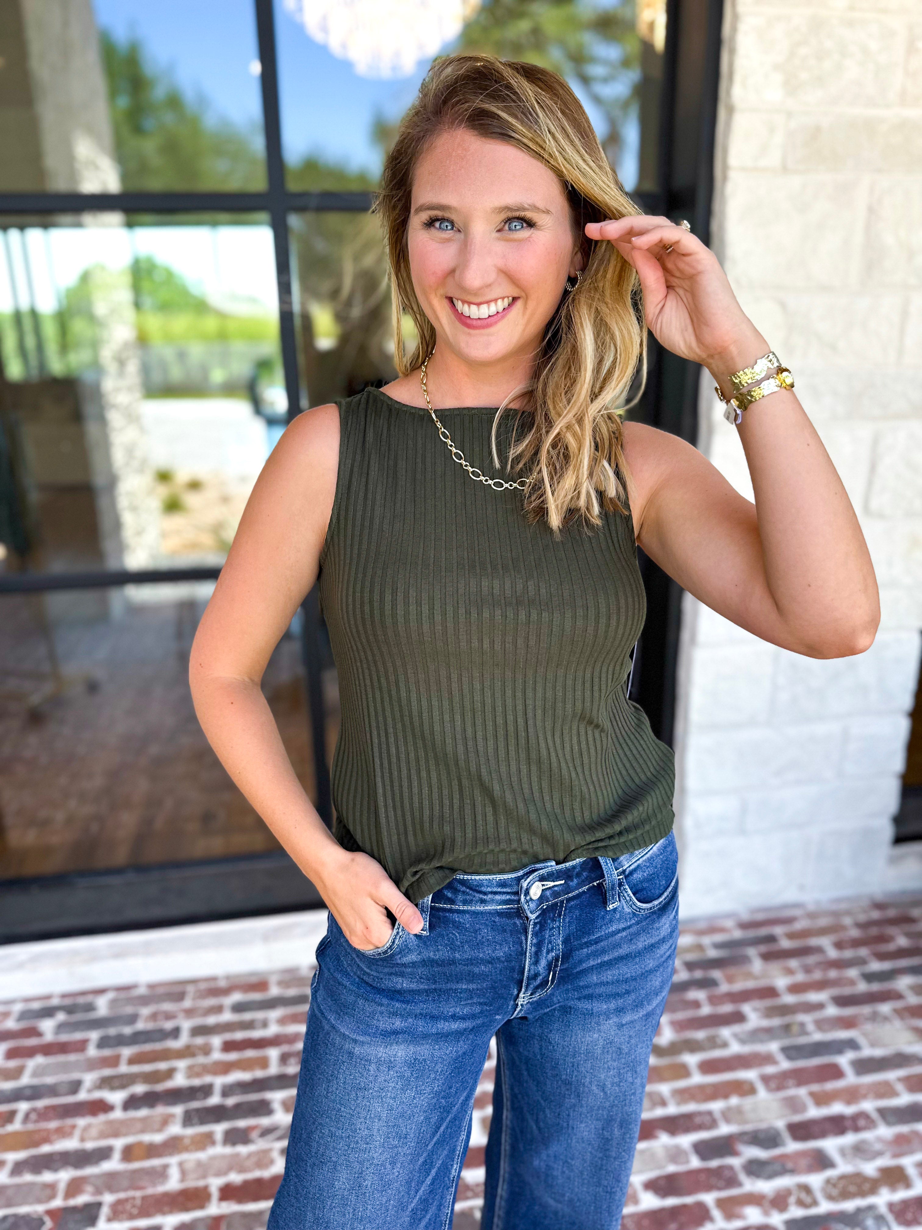 Liverpool - Classic Boatneck Knit Tank - Hunter Green-210 Casual Blouses-LIVERPOOL JEANS COMPANY-July & June Women's Fashion Boutique Located in San Antonio, Texas