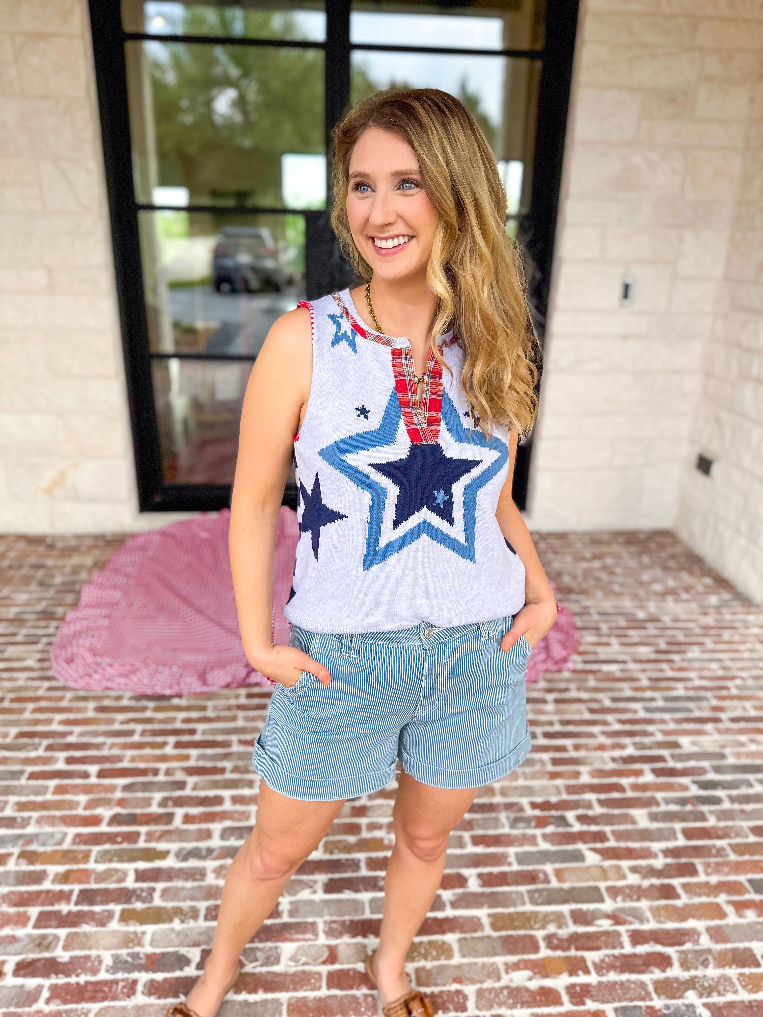 Flannel Patchwork Star Knit Top-230 Sweaters/Cardis-FATE-July & June Women's Fashion Boutique Located in San Antonio, Texas